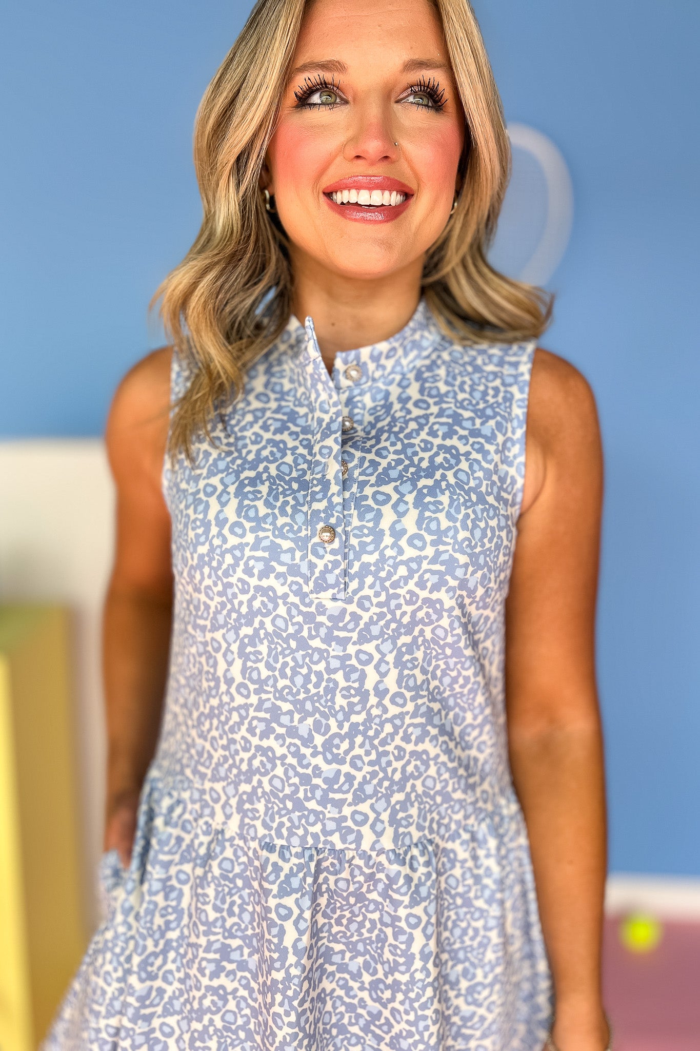 SSYS Augusta Pearl Button Scuba Dress In Blue Animal