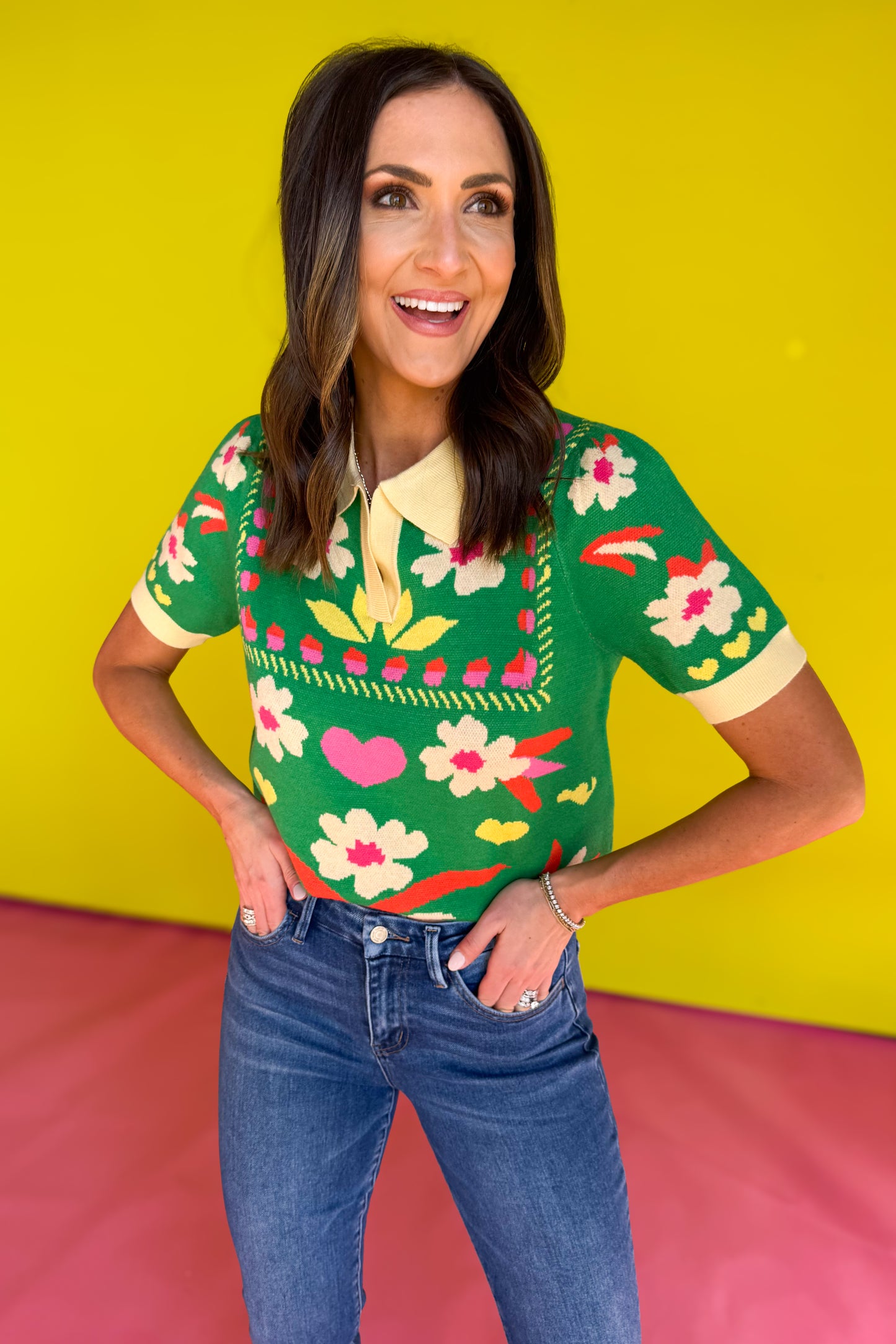 THML Green Flower Knit Short Sleeve Sweater Top