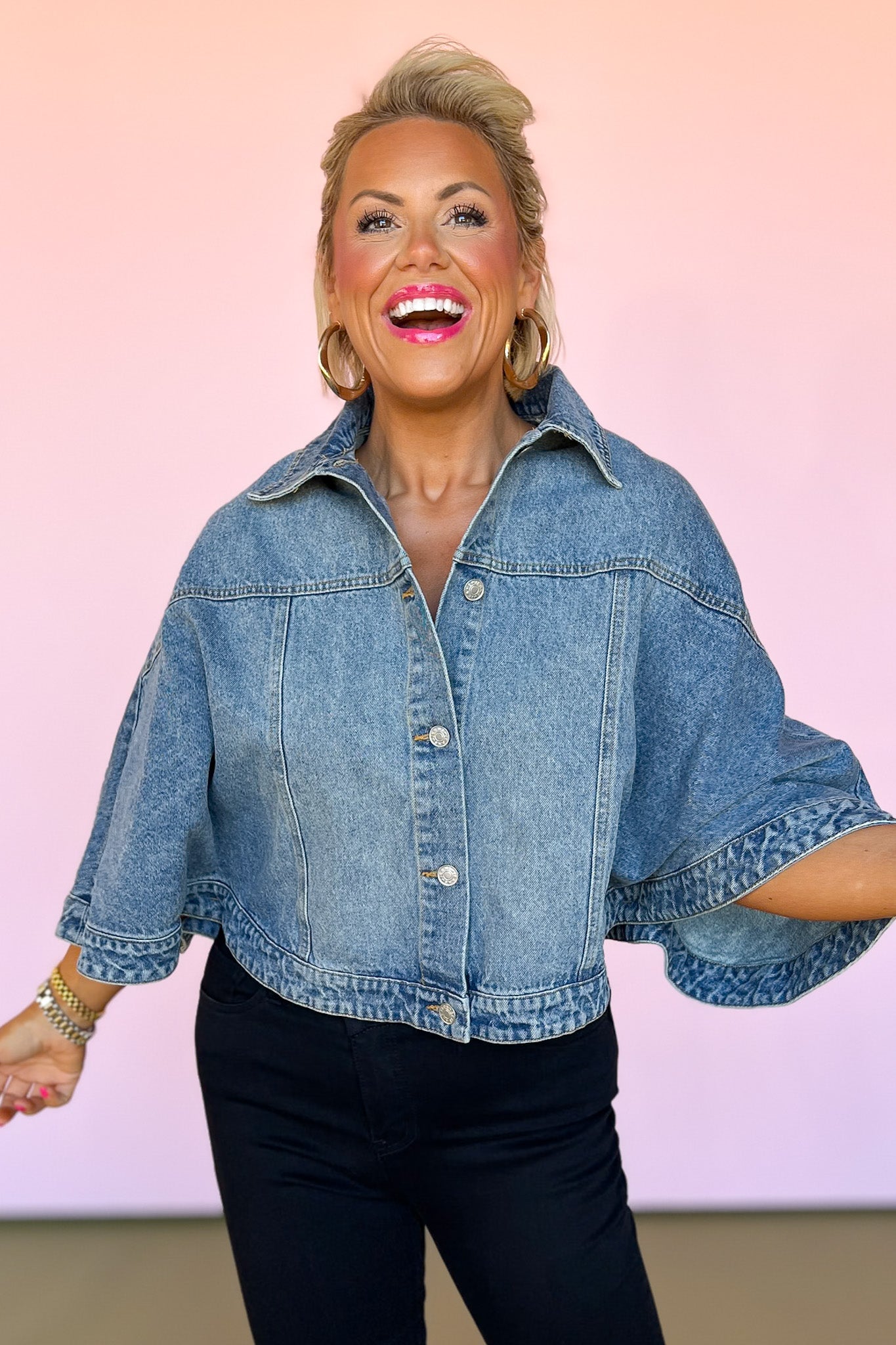Indigo Denim Washed Collared Front Button Capelet, denim top, denim button down top, fun denim style, chic style, elevated fall style, layering piece, fall denim top, denim top inspo, SSYS by malory fitzsimmons
