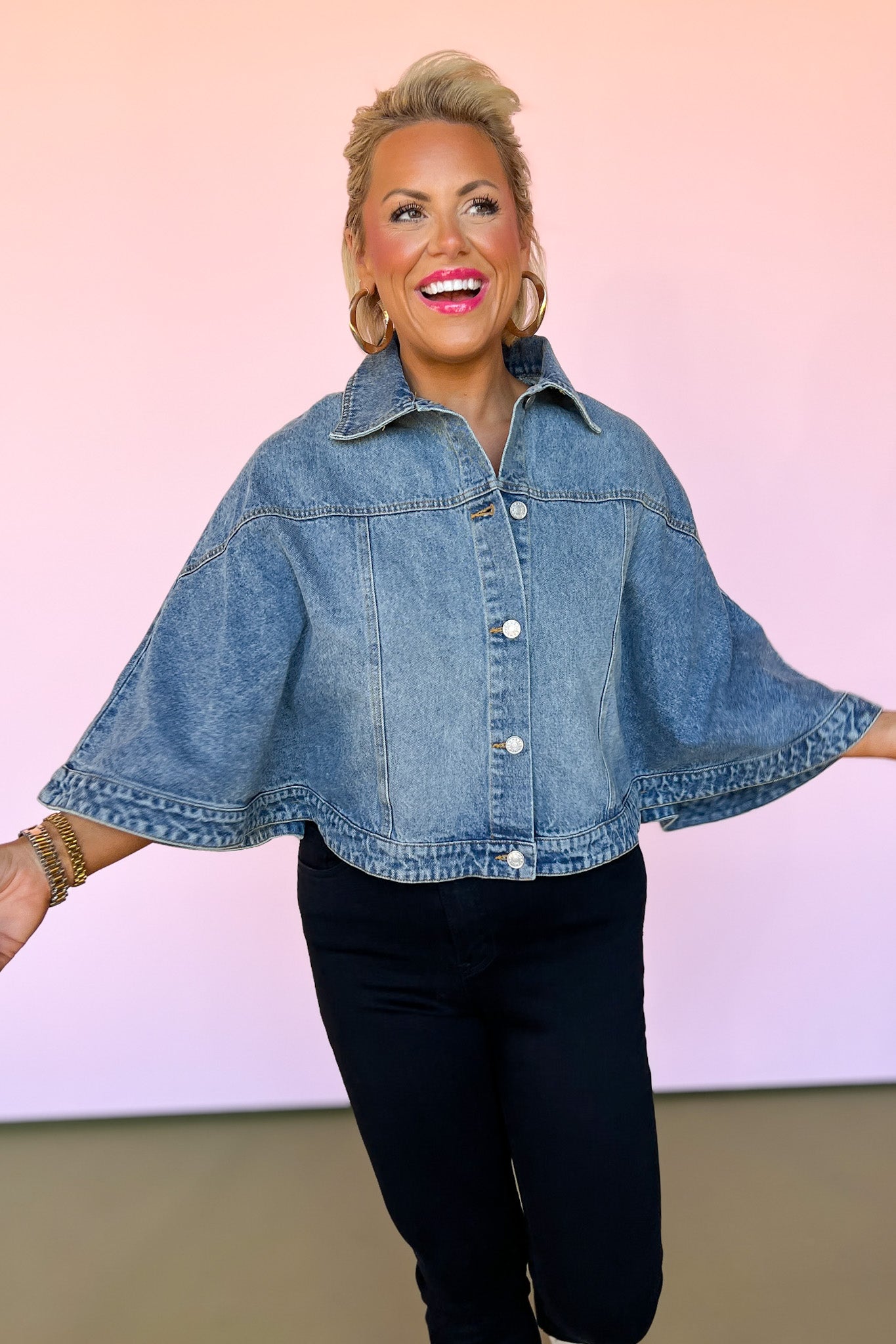 Indigo Denim Washed Collared Front Button Capelet, denim top, denim button down top, fun denim style, chic style, elevated fall style, layering piece, fall denim top, denim top inspo, SSYS by malory fitzsimmons