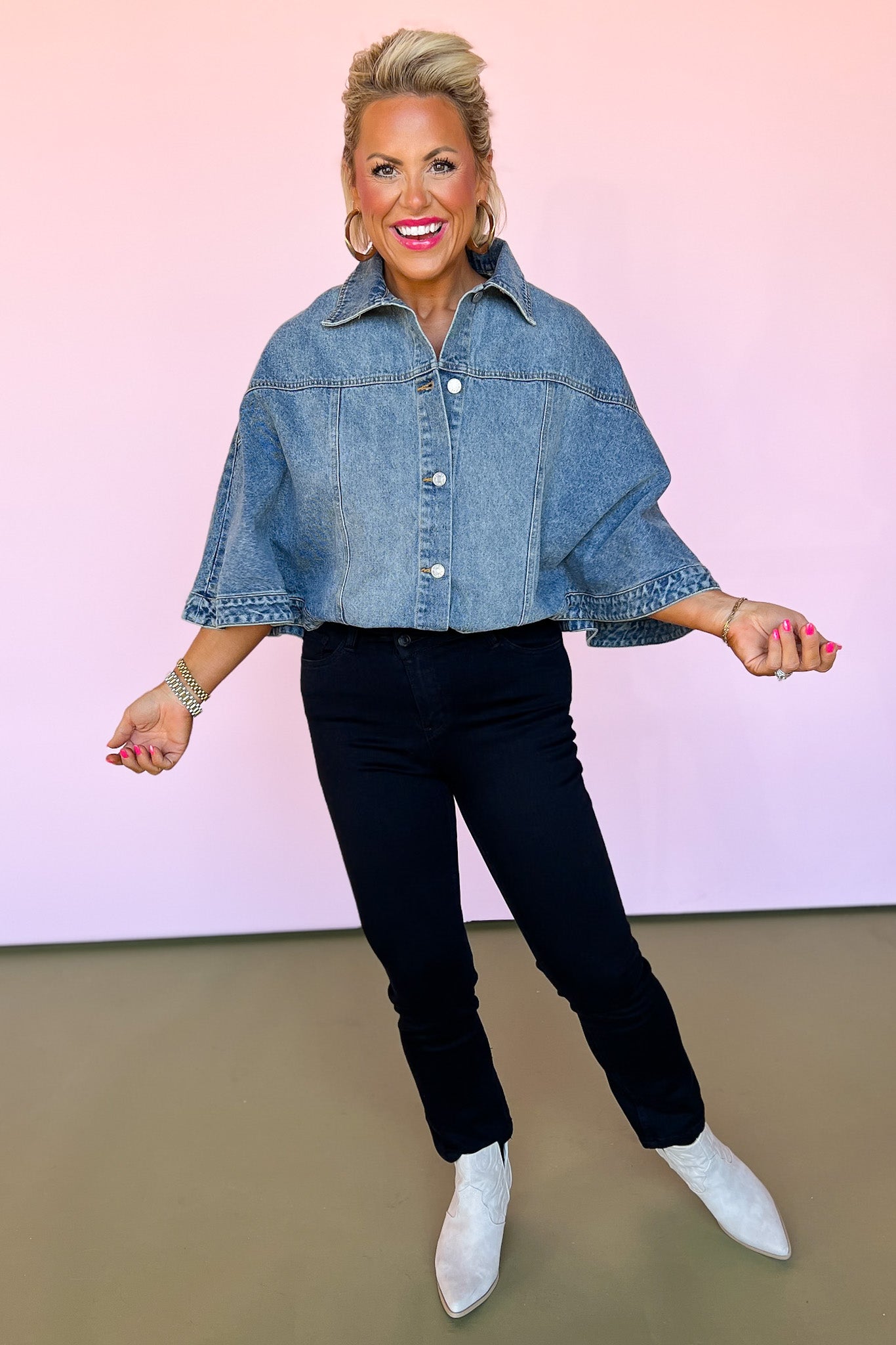 Indigo Denim Washed Collared Front Button Capelet, denim top, denim button down top, fun denim style, chic style, elevated fall style, layering piece, fall denim top, denim top inspo, SSYS by malory fitzsimmons