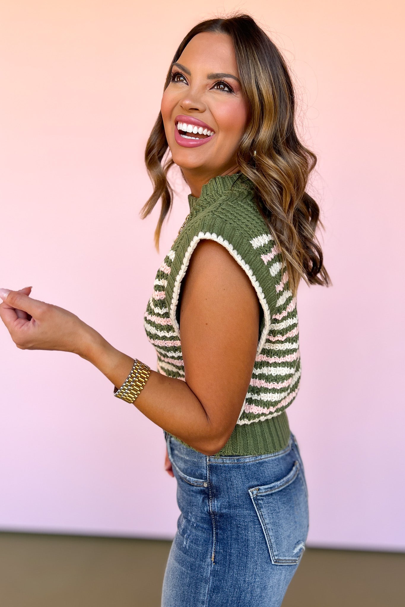 Olive Contrast Stitch Mock Neck Cap Scallop Trim Sleeve Sweater, trendy sweater vest, in style sweater vest, trendy sweater, summer sweater, all sweater, transitional top, fall outfit inspo, army green sweater vest, scallop detail, fun sleeve vest, layering piece, SSYS by mallory fitzsimmons