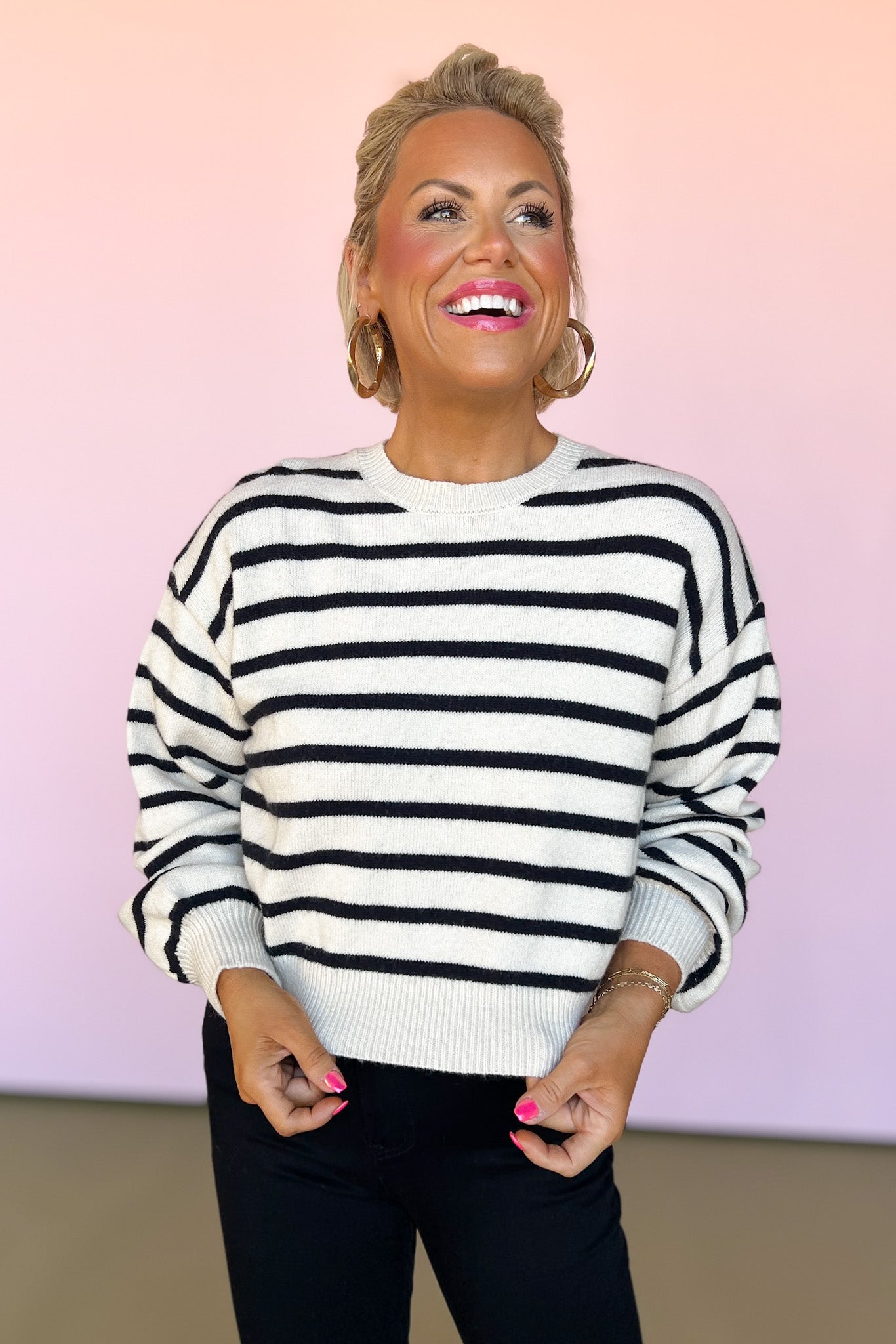 Black Knit Stripe Back Button Design Sweater, simple fall sweater, simple sweater, elevated basics, striped sweater, button back detail sweater, new fall trend, chic fall sweater, SSYS by mallory sitzsimmons