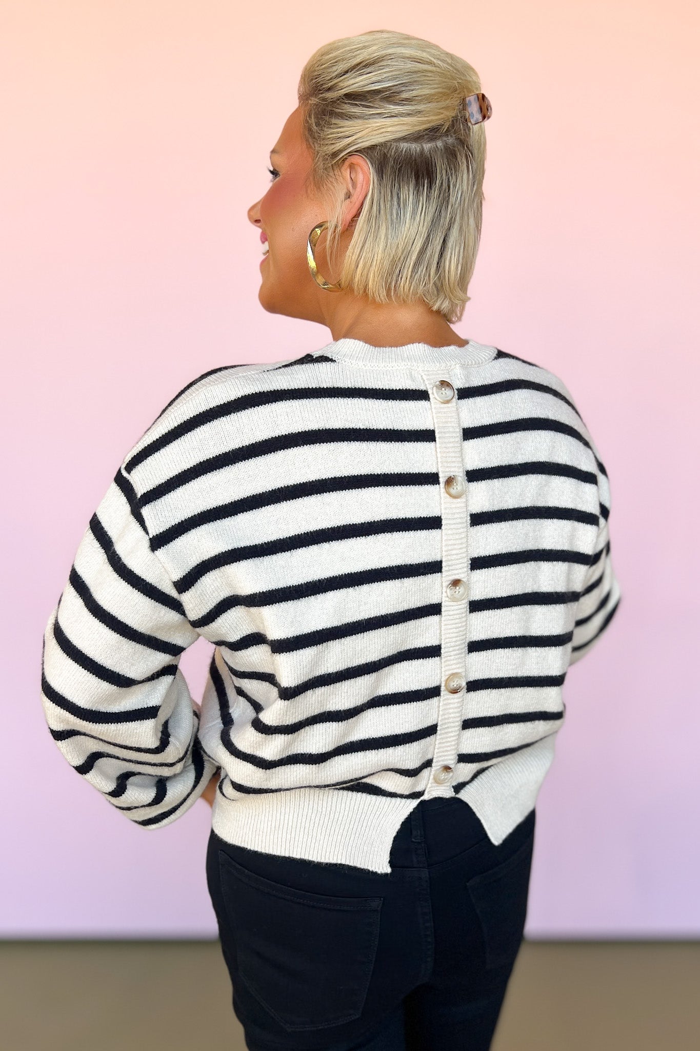 Black Knit Stripe Back Button Design Sweater, simple fall sweater, simple sweater, elevated basics, striped sweater, button back detail sweater, new fall trend, chic fall sweater, SSYS by mallory sitzsimmons