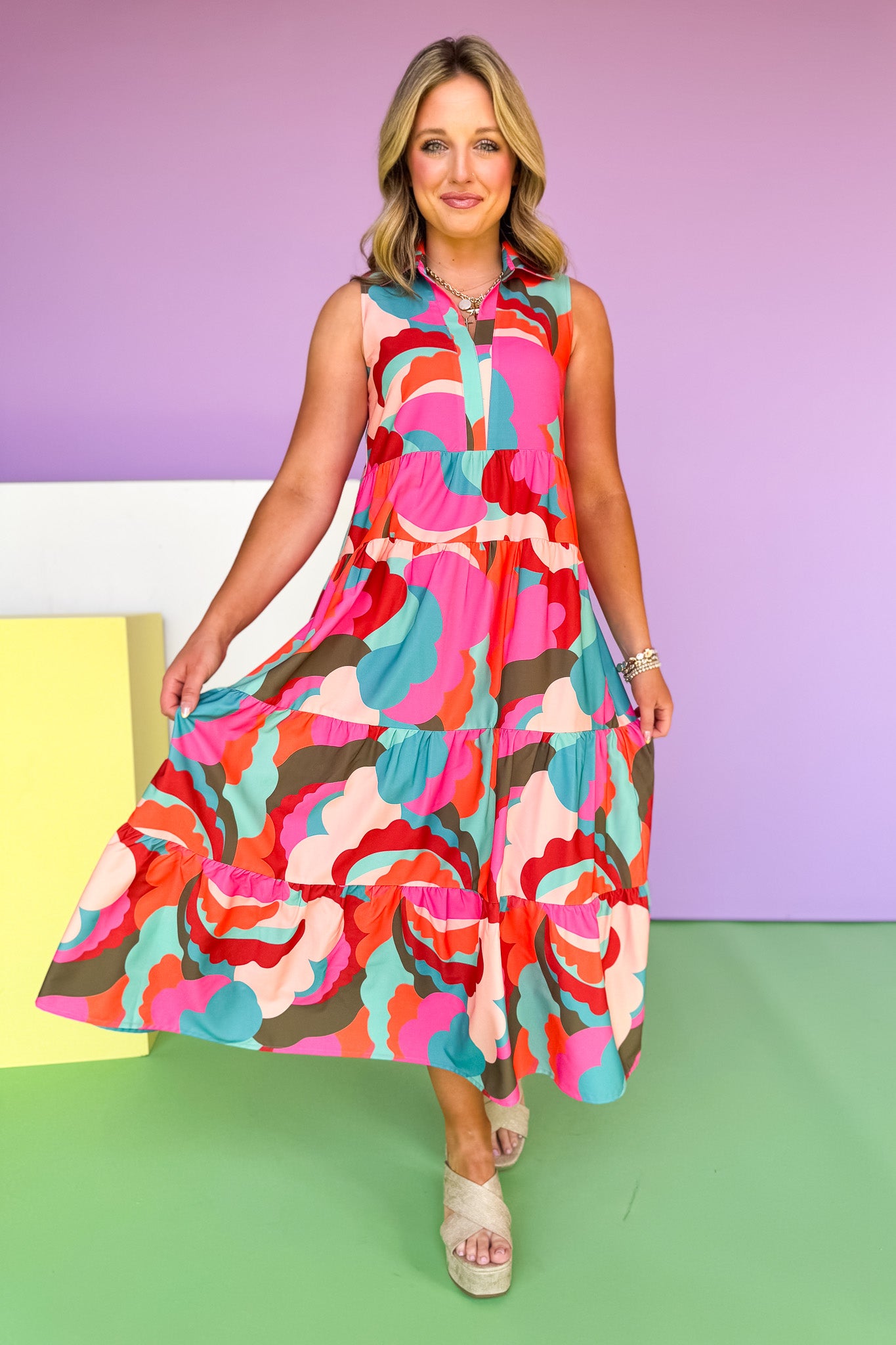 SSYS Sleeveless Emery Midi Dress In Warm Abstract Swirl, ssys by mallory fitzsimmons