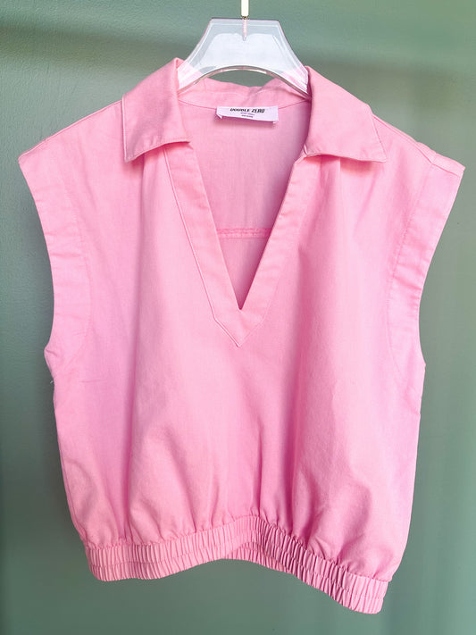 Pink Collared V Neck Sleeveless Elastic Hem Top *FINAL SALE*