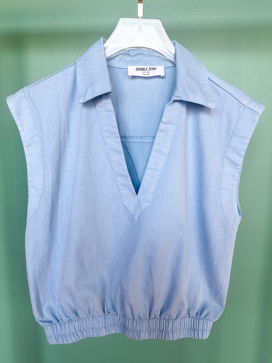 Blue Collared V Neck Sleeveless Elastic Hem Top *FINAL SALE*