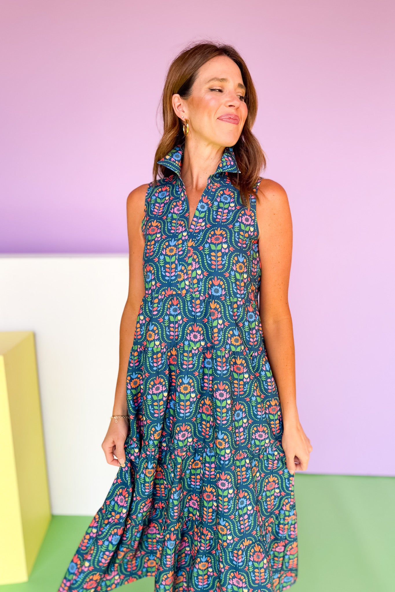 SSYS Sleeveless Emery Midi Dress In Teal Folk Floral, ssys by mallory fitzsimmons
