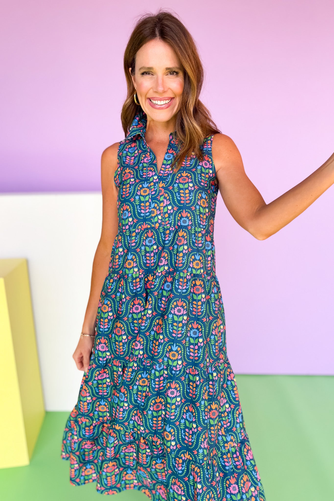 SSYS Sleeveless Emery Midi Dress In Teal Folk Floral, ssys by mallory fitzsimmons