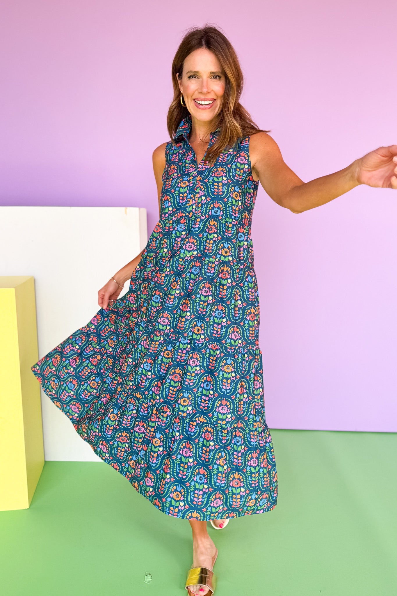 SSYS Sleeveless Emery Midi Dress In Teal Folk Floral, ssys by mallory fitzsimmons