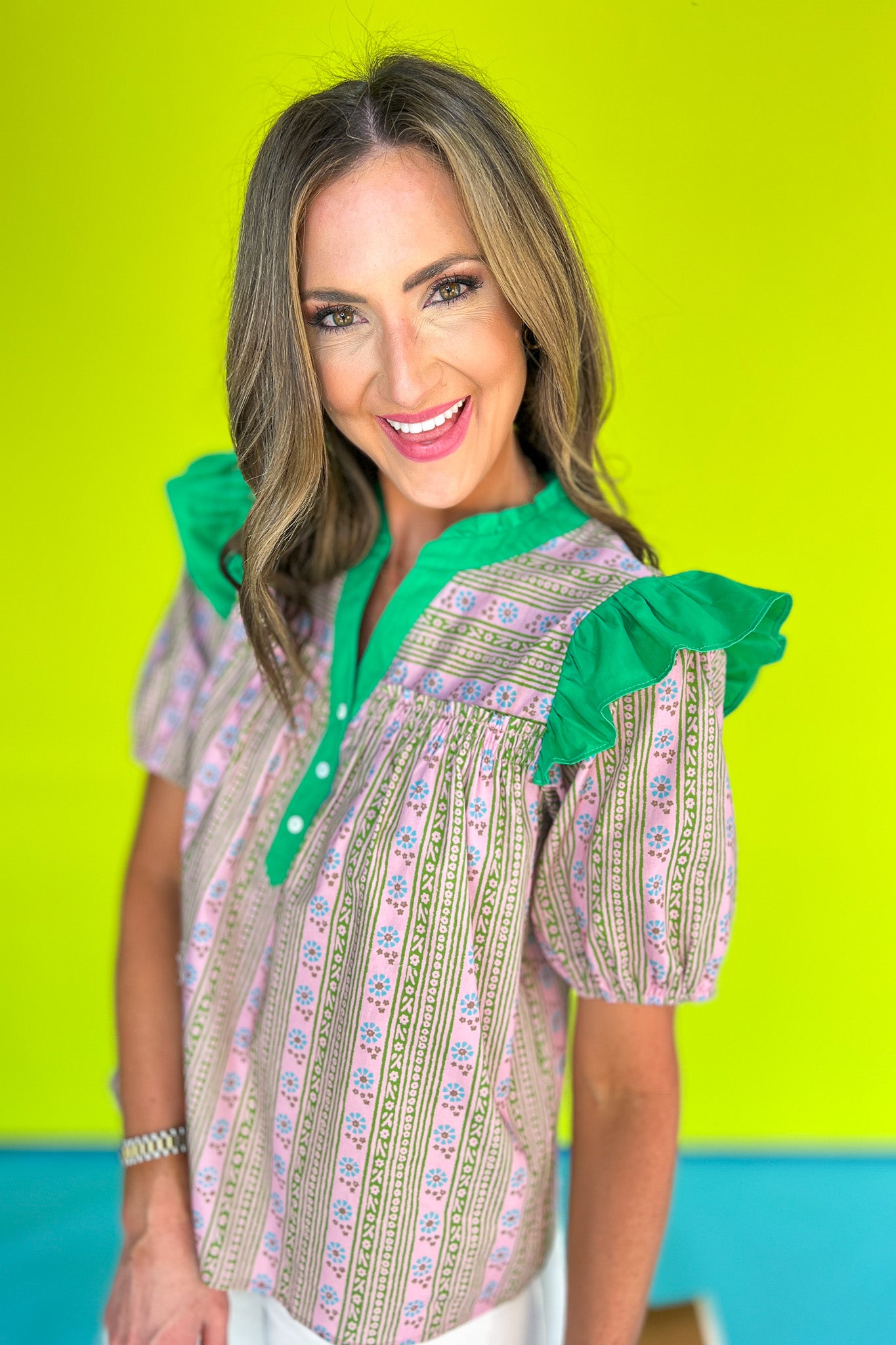 Green Striped Floral Print Contrast Ruffle Shoulder Neck Top