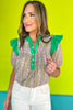 Green Striped Floral Print Contrast Ruffle Shoulder Neck Top