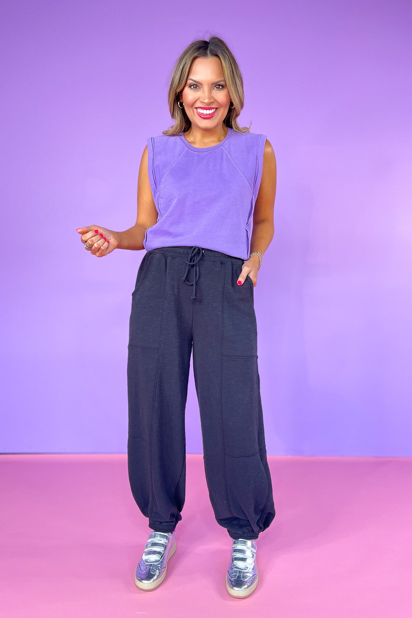 Black High Rise Elastic Drawstring Waist Cuff Hem Sweatpants, pockets, lounge wear, casual pants, ssys by mallory fitzsimmons