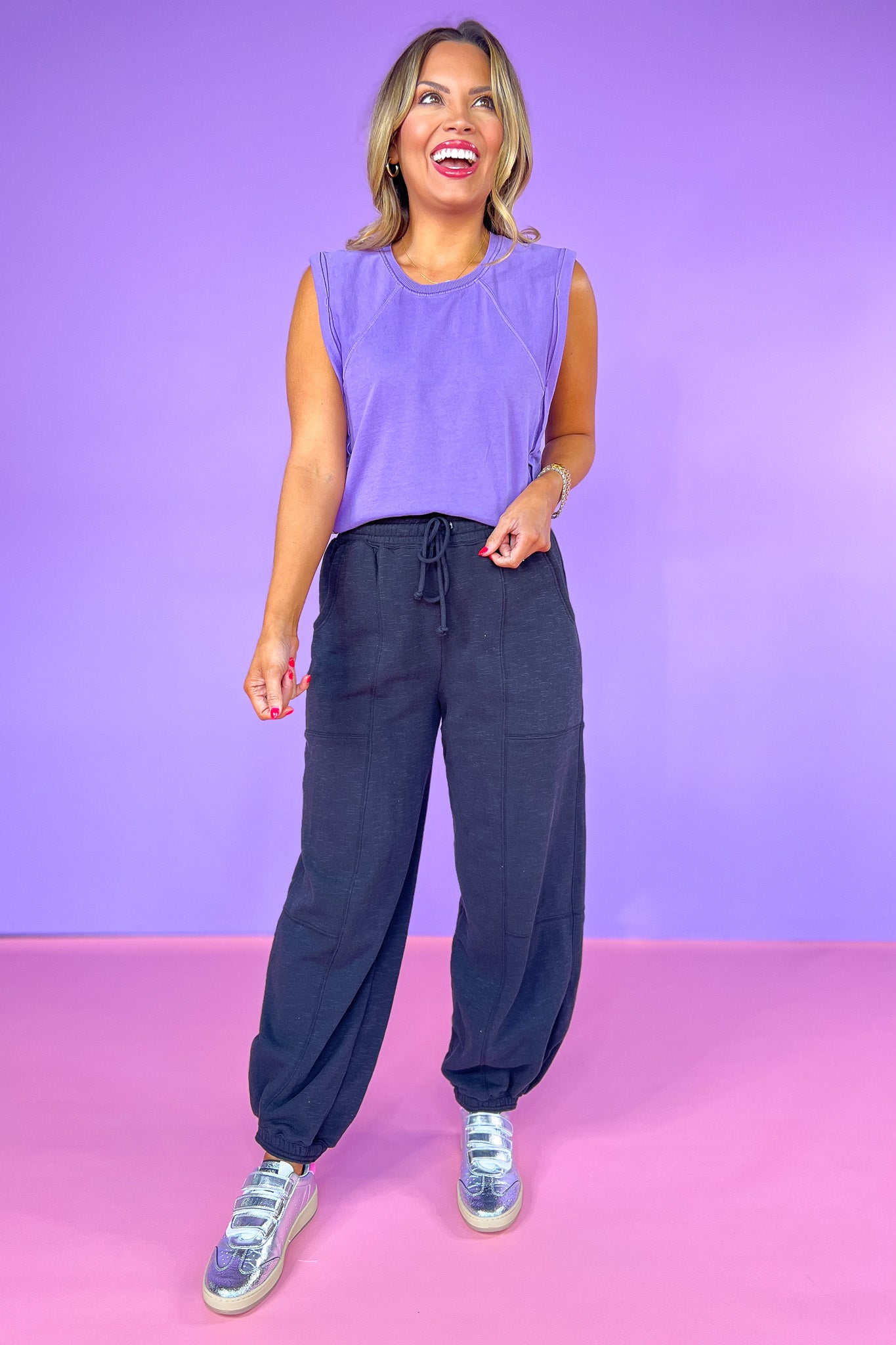 Black High Rise Elastic Drawstring Waist Cuff Hem Sweatpants, pockets, lounge wear, casual pants, ssys by mallory fitzsimmons