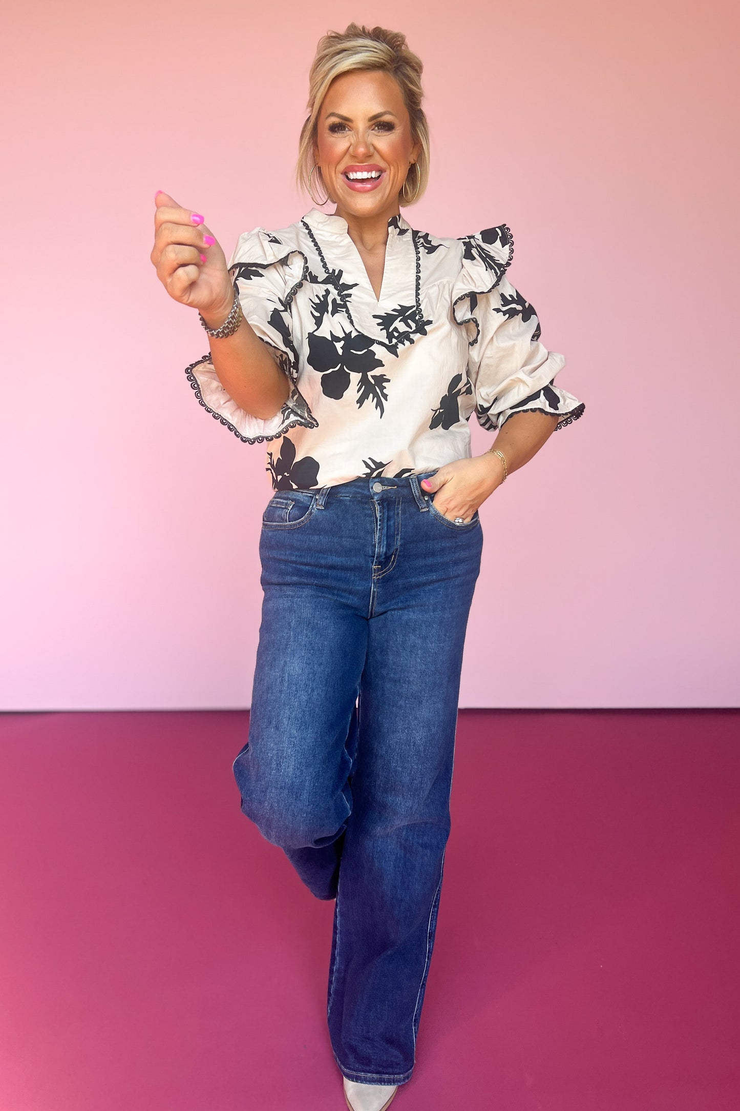 Ecru Print Contrast Scallop Stitch Detail Ruffle Top *FINAL SALE*