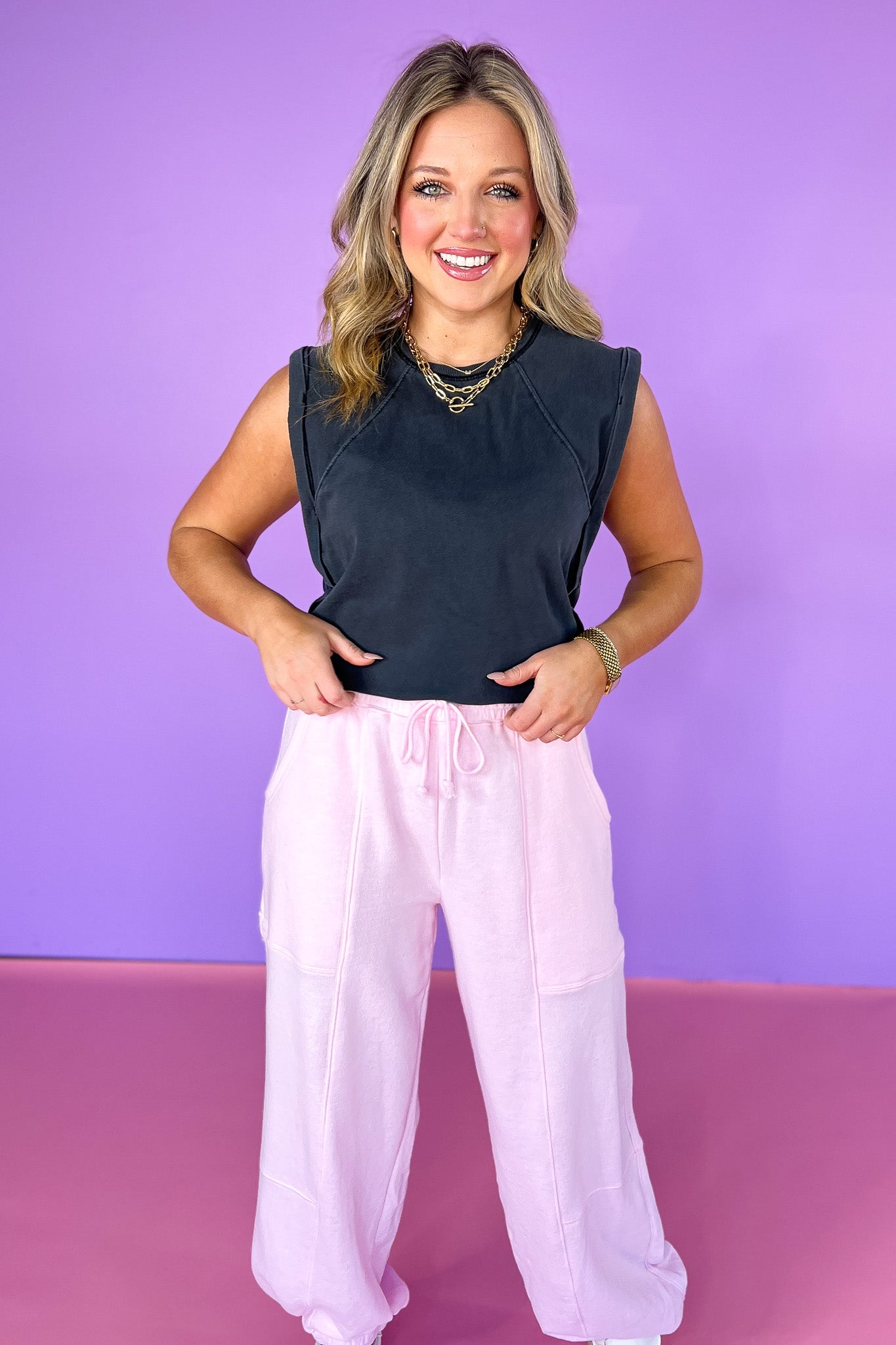 Black Rolled Up Detail Crew Neck Sleeveless Top, causal wear, lounge wear, comfortable, ssys by mallory fitzsimmons