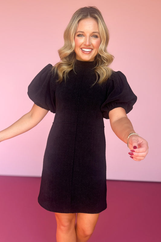 THML Black Puff Sleeve Mock Neck Corduroy Dress, thml dress, thml, must have dress, must have style, fall style, fall fashion, elevated style, elevated style, mom style, shop style your senses by mallory fitzsimmons, ssys by mallory fitzsimmons