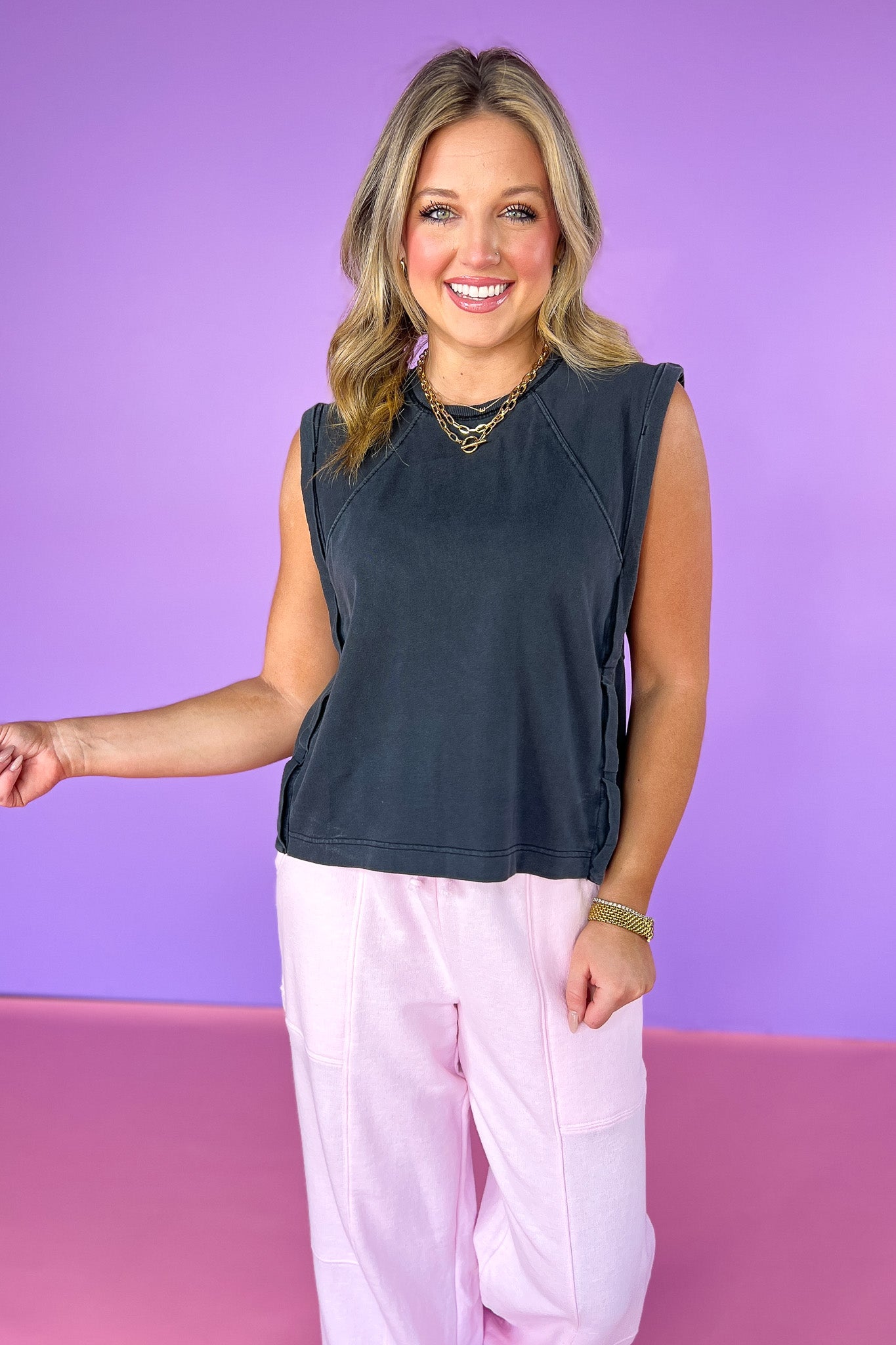 Black Rolled Up Detail Crew Neck Sleeveless Top, causal wear, lounge wear, comfortable, ssys by mallory fitzsimmons