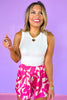 Fuchsia Print Satin Swing Skirt, abstract design, comfortable, breathable, spring bottoms, summer bottoms, vacation outfit, ssys by mallory fitzsimmons