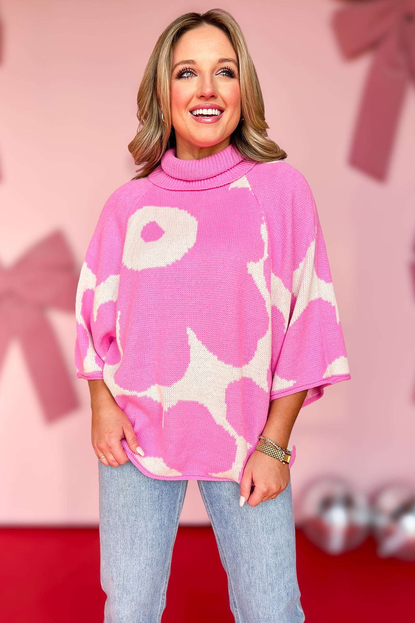 Pink Flower Print Knit Turtle Neck 3/4 Raglan Dolman Sleeve Sweater, cozy, elevated print, boutique style, mom style, easy to wear, bright color, bubblegum pink, oversized, ssys by mallory fitzsimmons.