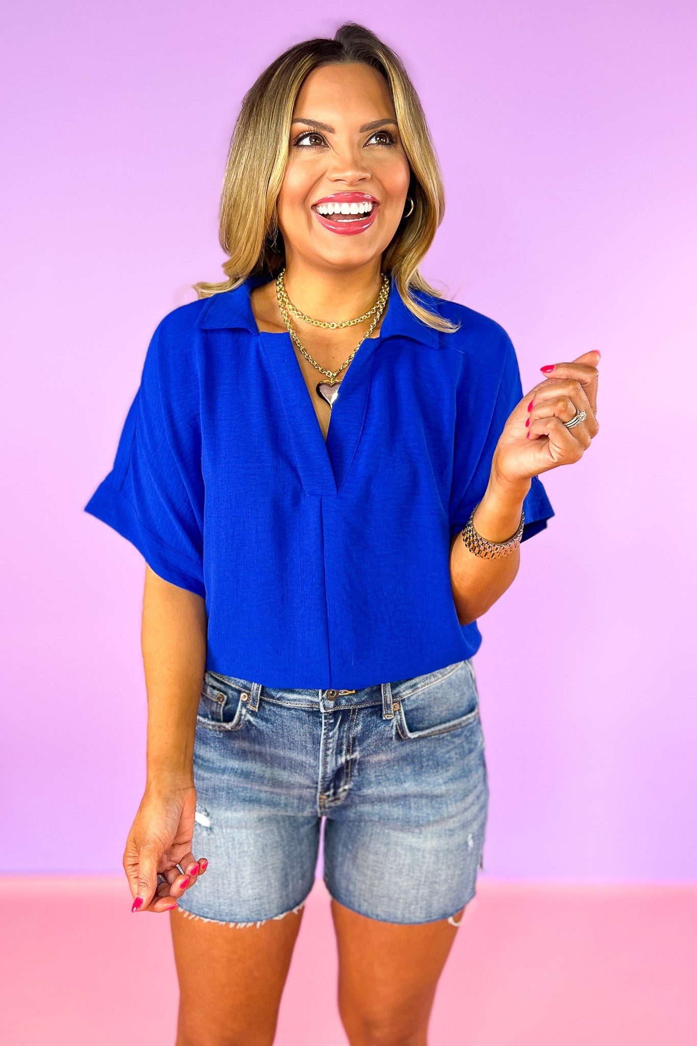 Royal Blue Short Dolman Sleeve Top, v-neck, collared, spring top, summer top, work top, church top, versatile, ssys by mallory fitzsimmons