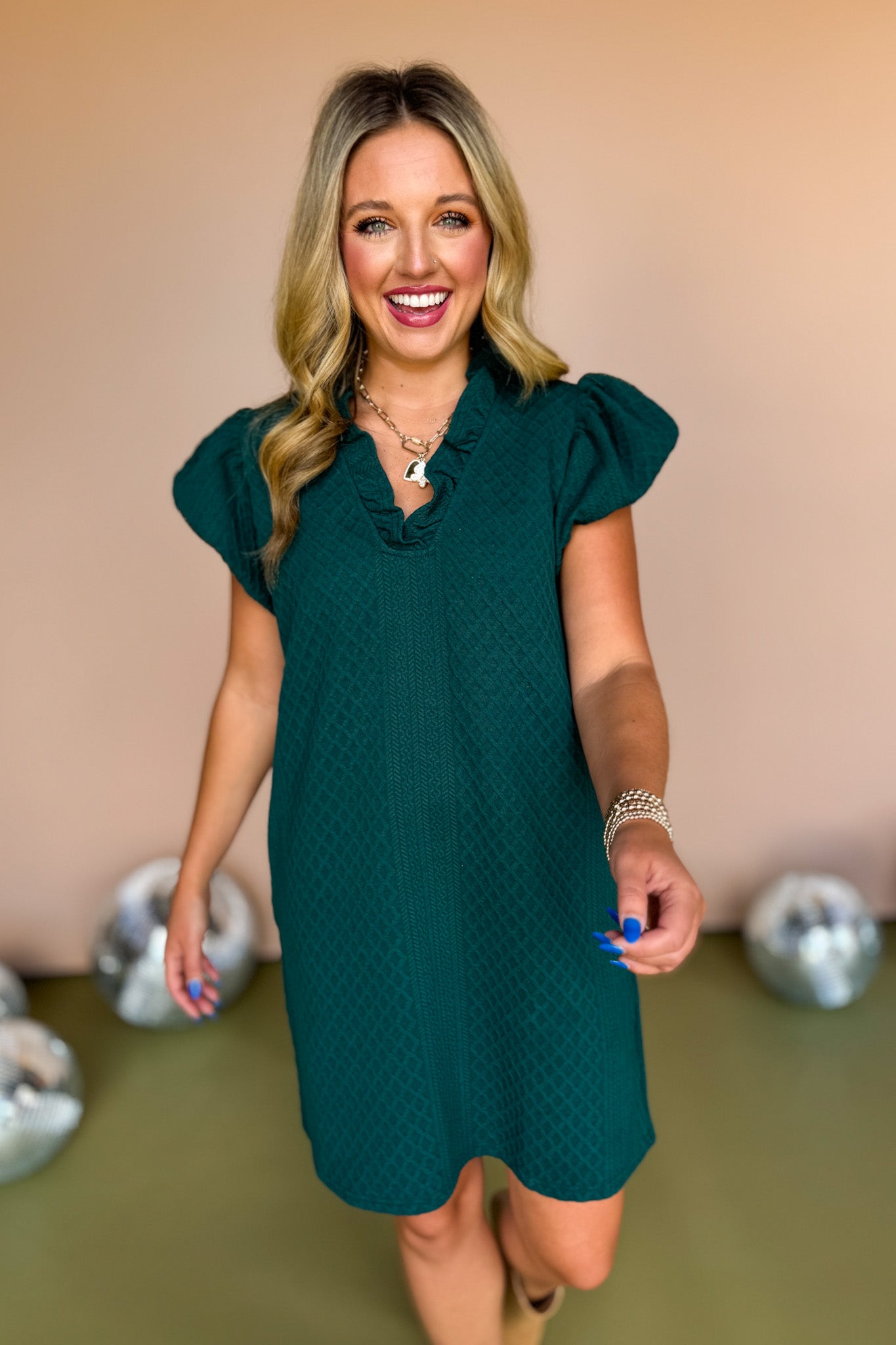 Green Textured Ruffle V Neck Short Bubble Sleeve Dress, must have dress, must have style, carpool style, fall fashion, elevated style, elevated style, mom style, shop style your senses by mallory fitzsimmons, ssys by mallory fitzsimmons