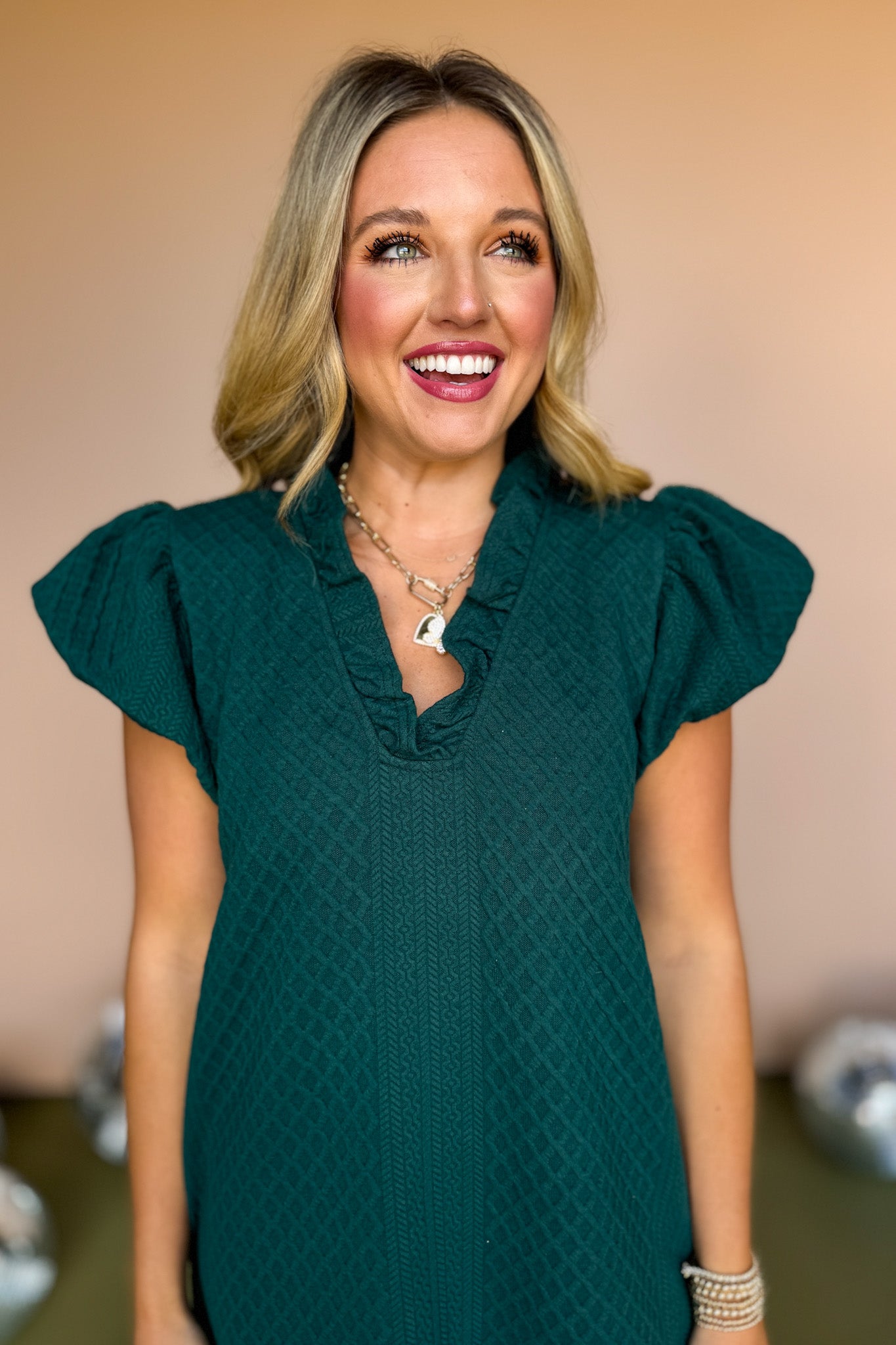 Green Textured Ruffle V Neck Short Bubble Sleeve Dress, must have dress, must have style, carpool style, fall fashion, elevated style, elevated style, mom style, shop style your senses by mallory fitzsimmons, ssys by mallory fitzsimmons