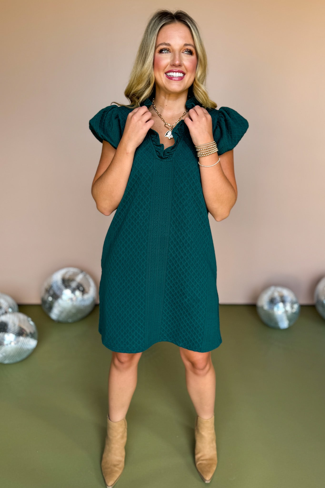 Green Textured Ruffle V Neck Short Bubble Sleeve Dress, must have dress, must have style, carpool style, fall fashion, elevated style, elevated style, mom style, shop style your senses by mallory fitzsimmons, ssys by mallory fitzsimmons