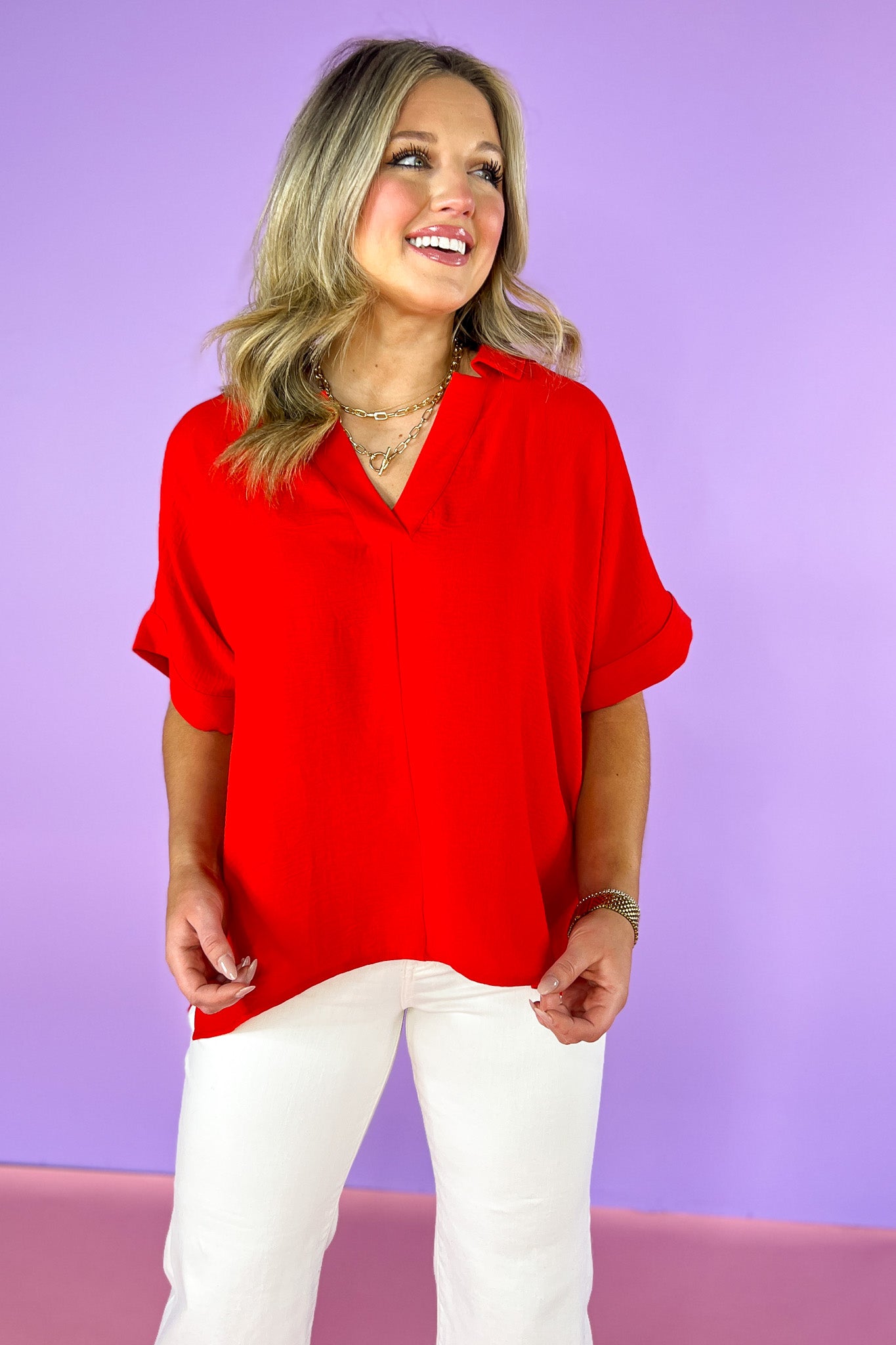 Red Short Dolman Sleeve Top, v-neck, collared, spring top, summer top, work top, church top, versatile, ssys by mallory fitzsimmons