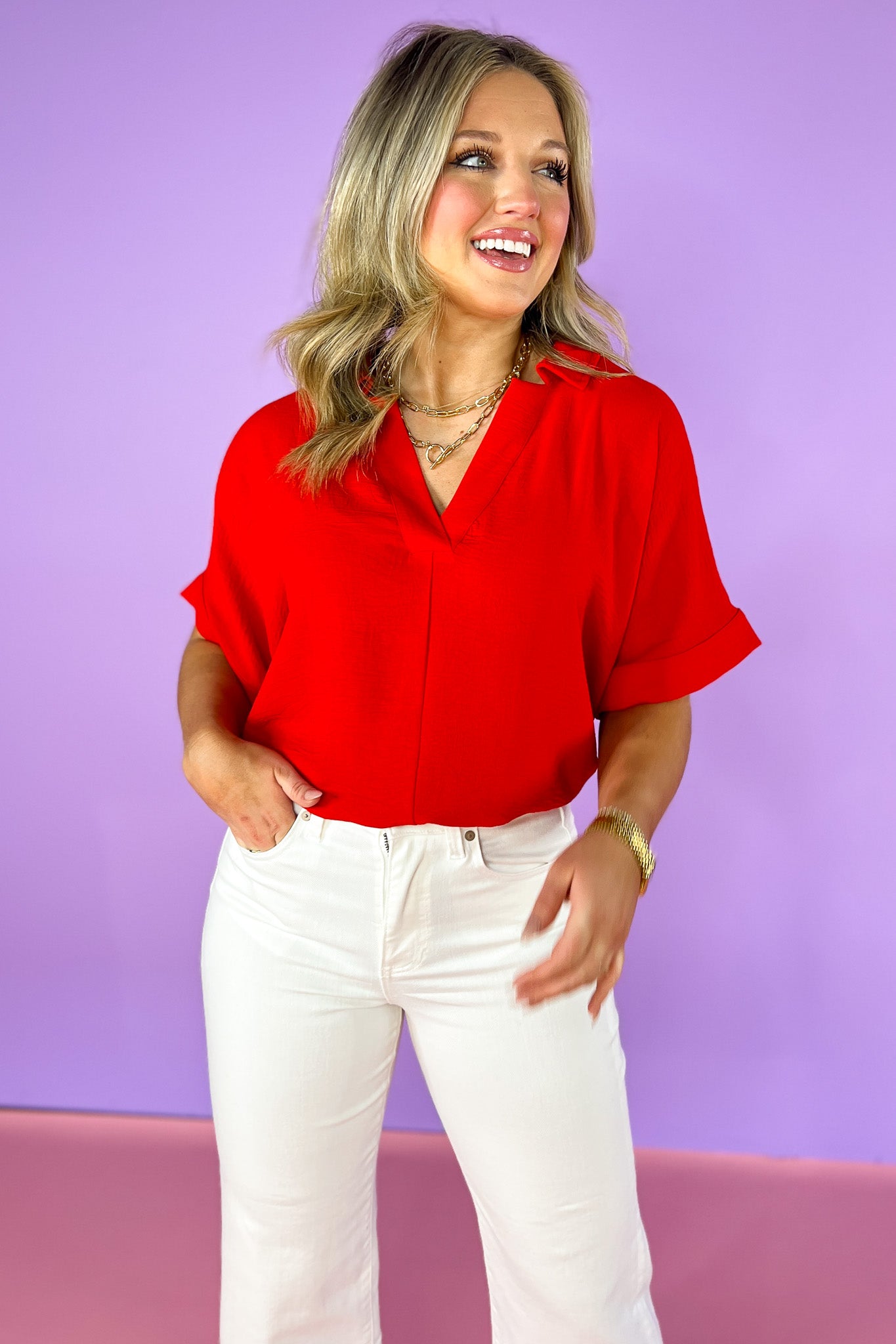 Red Short Dolman Sleeve Top, v-neck, collared, spring top, summer top, work top, church top, versatile, ssys by mallory fitzsimmons