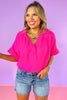 Hot Pink Short Dolman Sleeve Top, v-neck, collared, spring top, summer top, work top, church top, versatile, ssys by mallory fitzsimmons