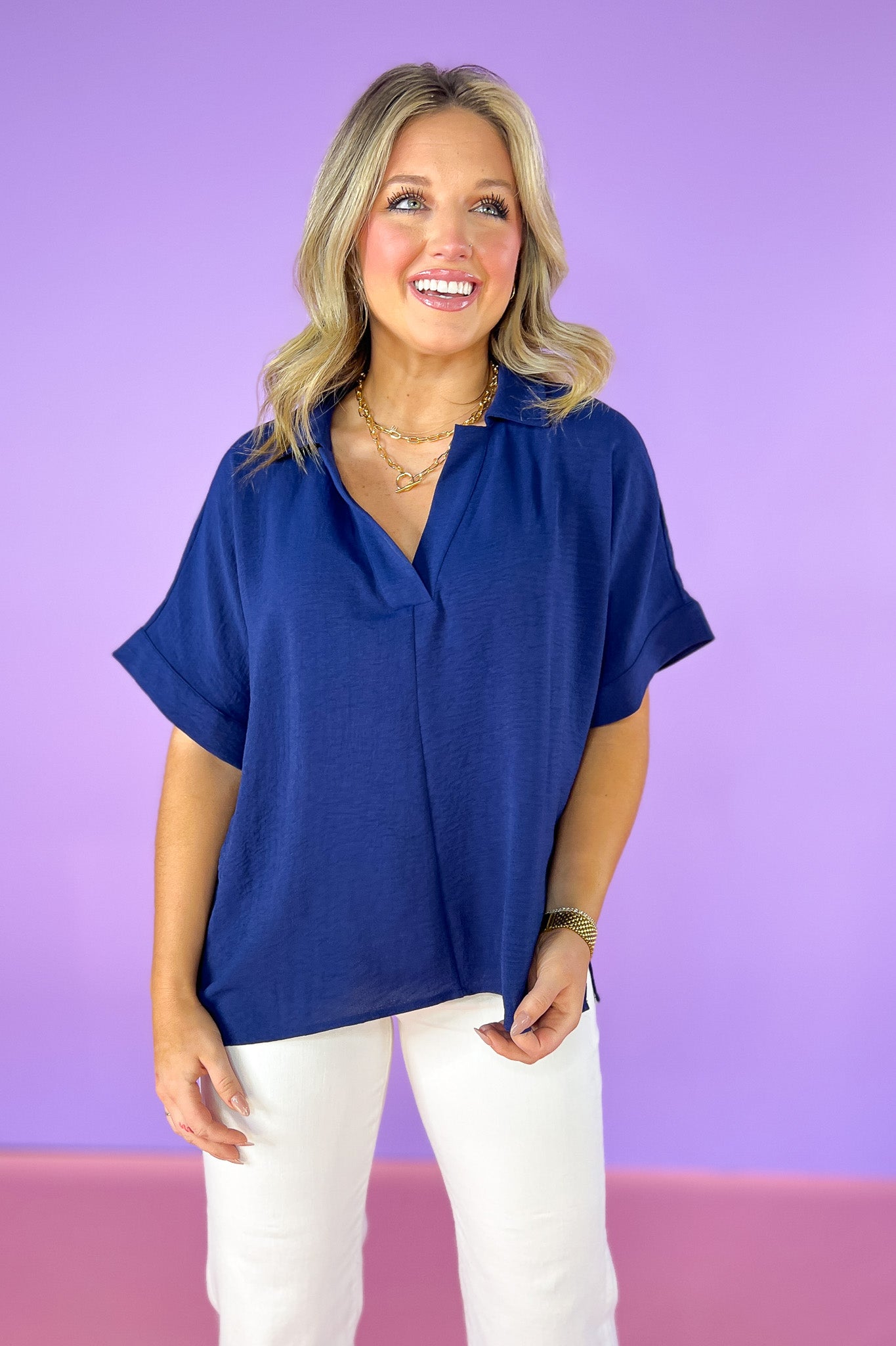 Navy Short Dolman Sleeve Top, v-neck, collared, spring top, summer top, work top, church top, versatile, ssys by mallory fitzsimmons