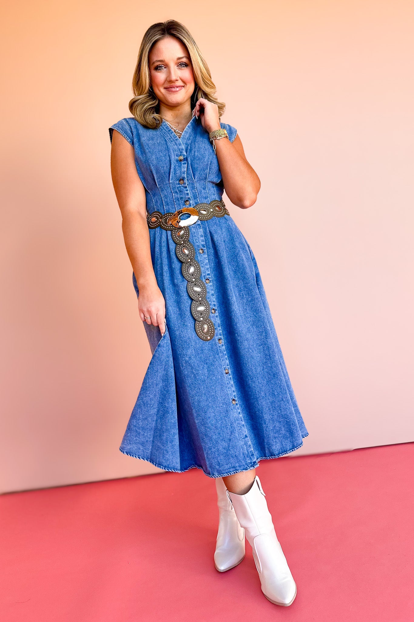 Denim Collared V Neck Cinched Waist Sleeveless Dress *FINAL SALE*