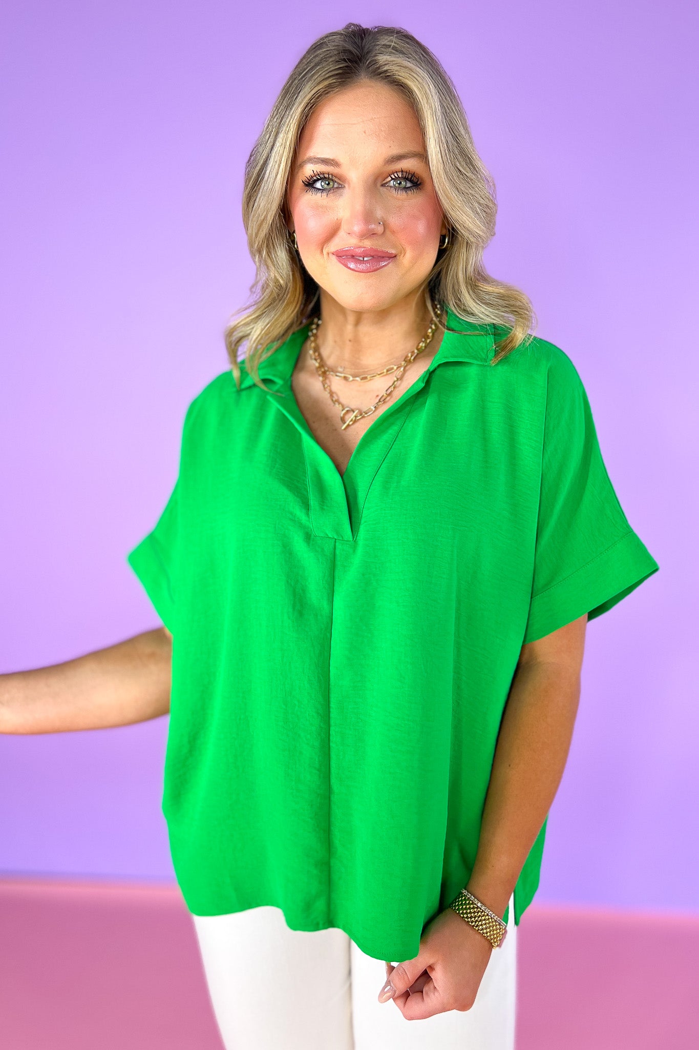 Kelly Green Short Dolman Sleeve Top, v-neck, collared, spring top, summer top, work top, church top, versatile, ssys by mallory fitzsimmons