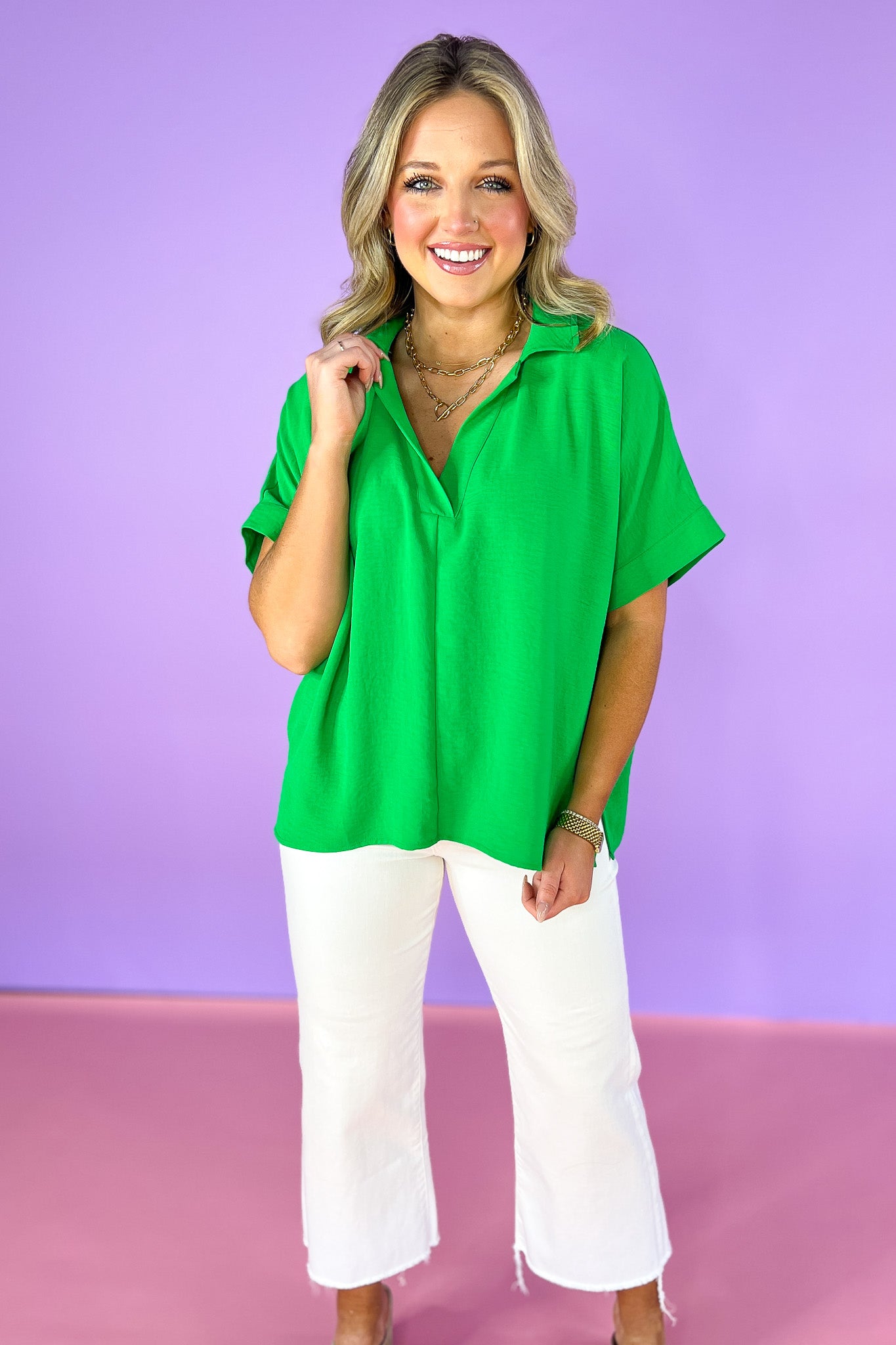 Kelly Green Short Dolman Sleeve Top, v-neck, collared, spring top, summer top, work top, church top, versatile, ssys by mallory fitzsimmons