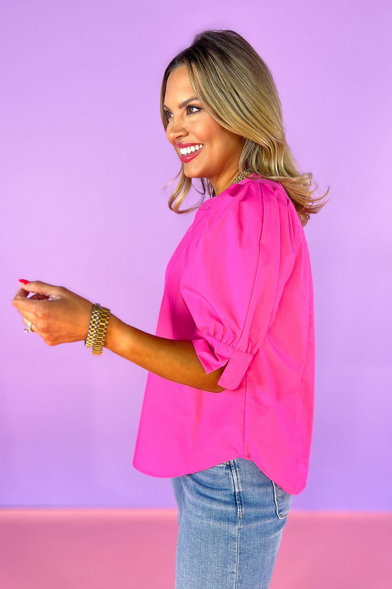 Fuchsia 3/4 Puff Sleeve Split Cuff Top, v-neck, work top, church top, date night, feminine, elevated, ssys by mallory fitzsimmons