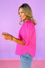Fuchsia 3/4 Puff Sleeve Split Cuff Top, v-neck, work top, church top, date night, feminine, elevated, ssys by mallory fitzsimmons