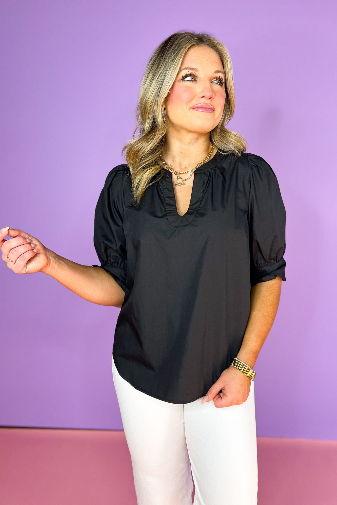Black 3/4 Puff Sleeve Split Cuff Top, v-neck, work top, church top, date night, feminine, elevated, ssys by mallory fitzsimmons
