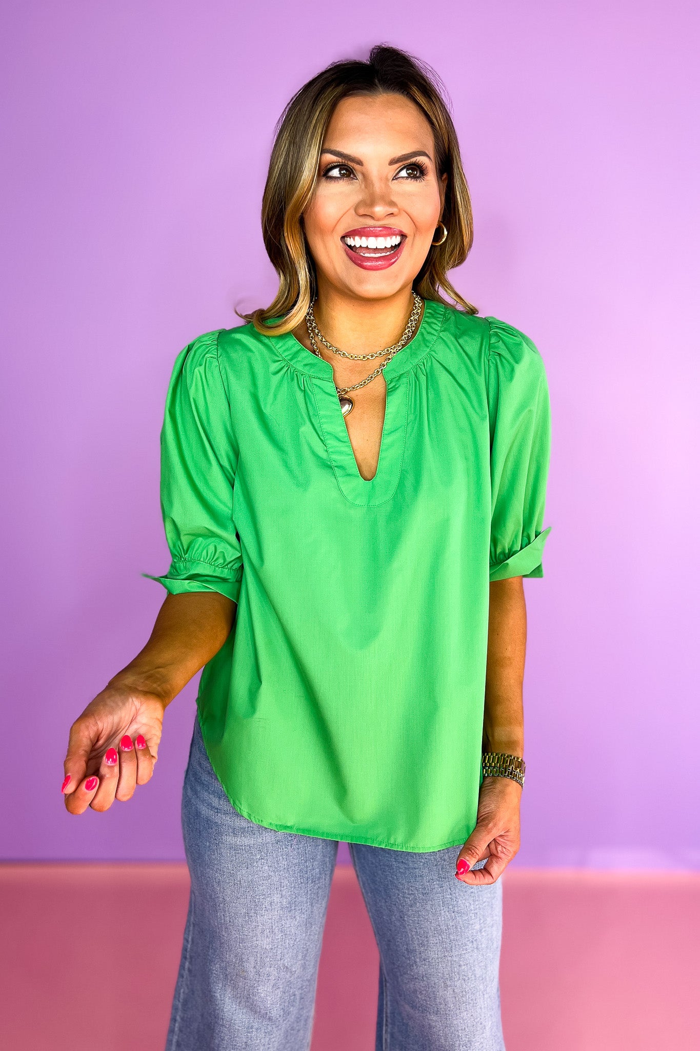 Green 3/4 Puff Sleeve Split Cuff Top, v-neck, work top, church top, date night, feminine, elevated, ssys by mallory fitzsimmons