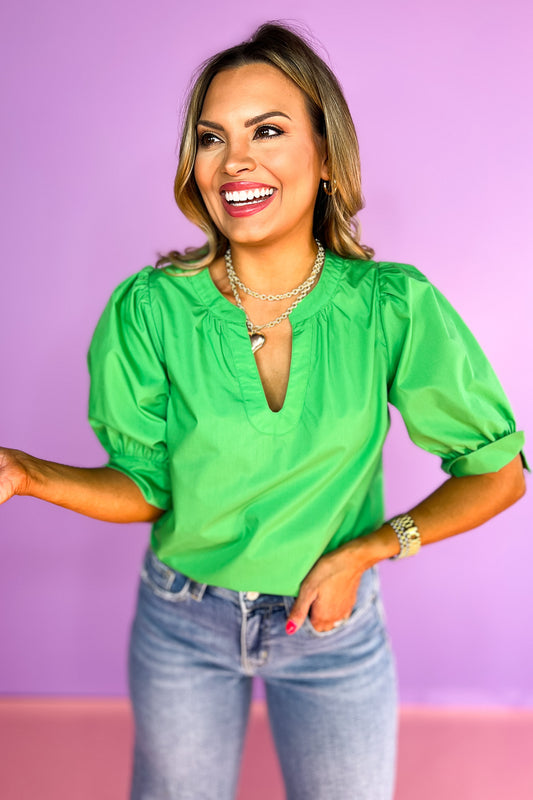 Green 3/4 Puff Sleeve Split Cuff Top, v-neck, work top, church top, date night, feminine, elevated, ssys by mallory fitzsimmons