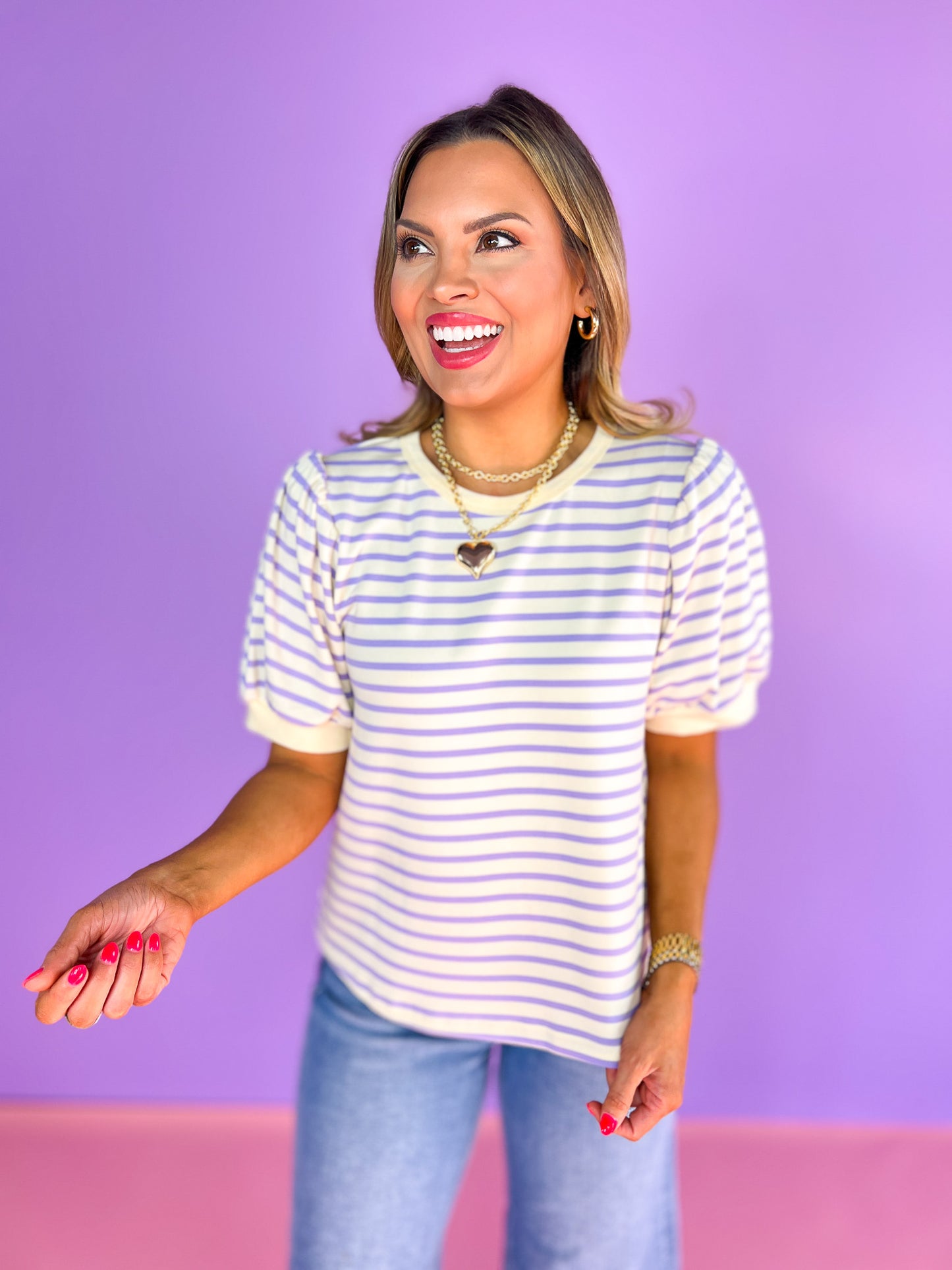 Lavender Striped Print Short Bubble Sleeve Top, casual, everyday wear, comfortable, work top, church top, ssys by mallory fitzsimmons