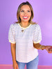 Lavender Striped Print Short Bubble Sleeve Top, casual, everyday wear, comfortable, work top, church top, ssys by mallory fitzsimmons
