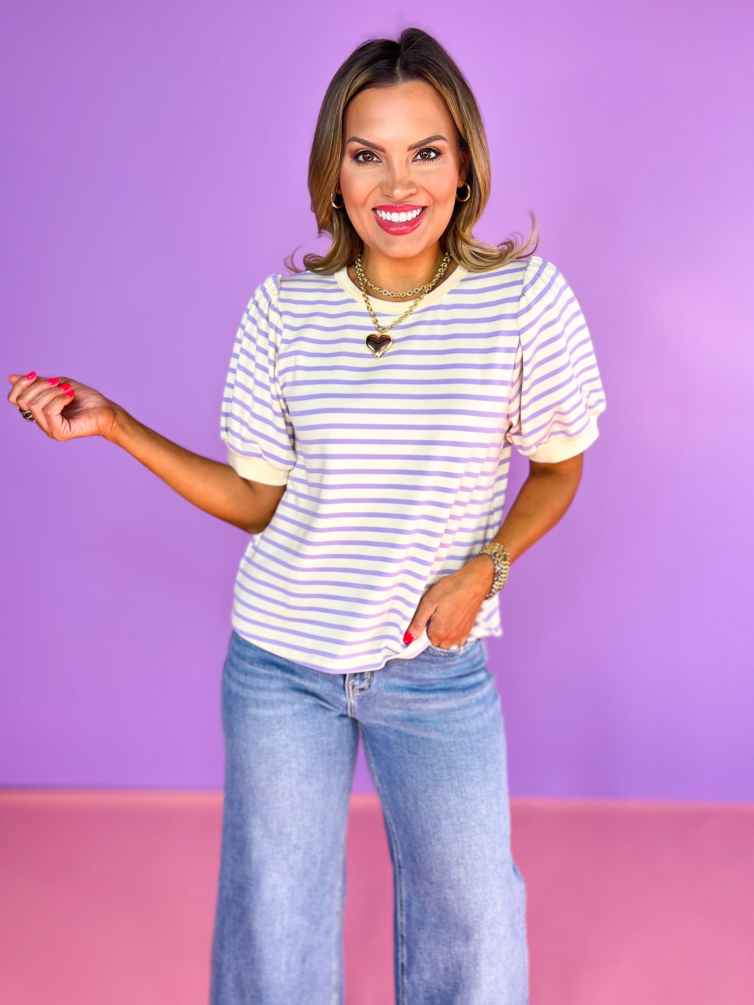 Lavender Striped Print Short Bubble Sleeve Top, casual, everyday wear, comfortable, work top, church top, ssys by mallory fitzsimmons