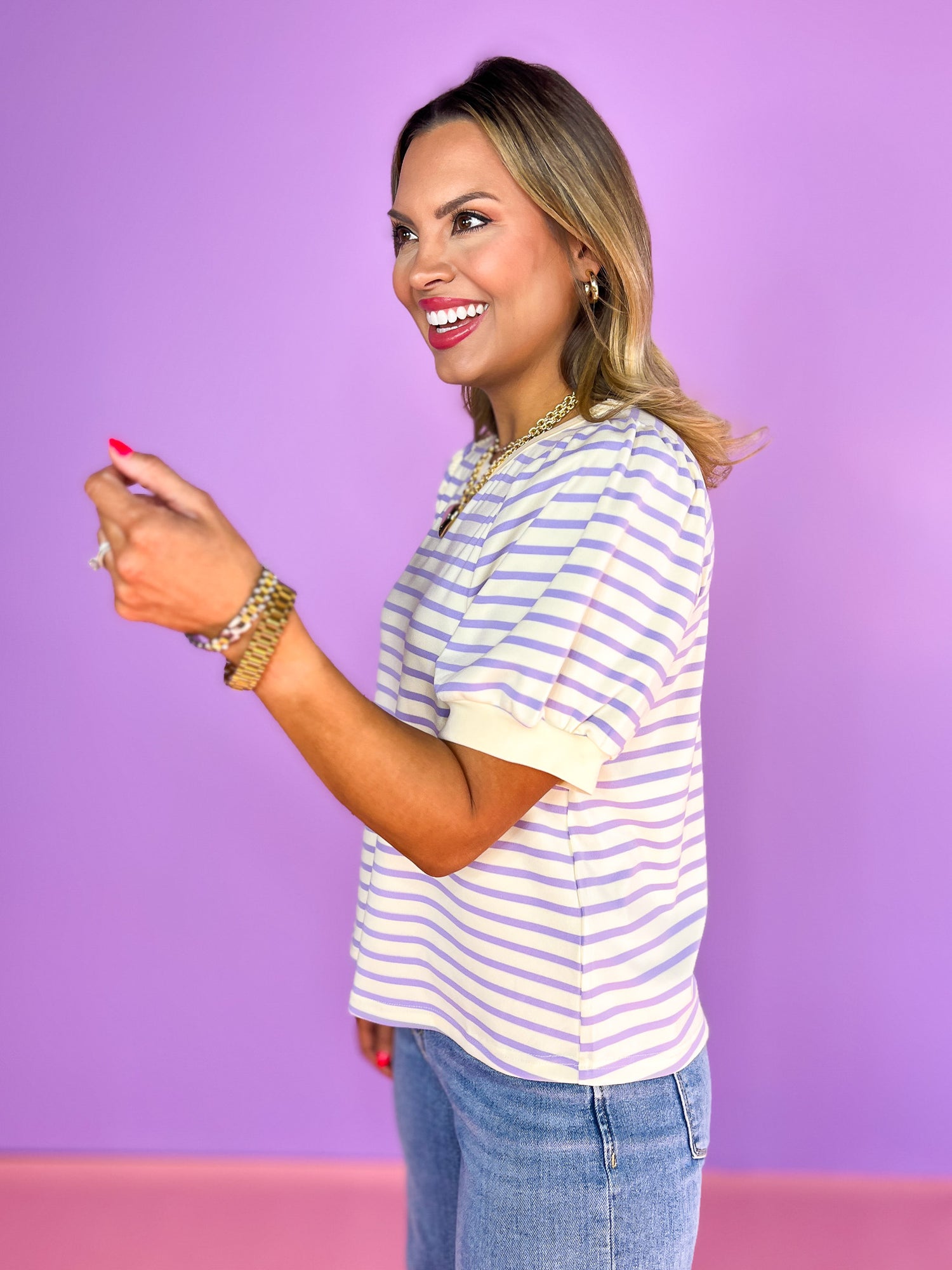 Lavender Striped Print Short Bubble Sleeve Top, casual, everyday wear, comfortable, work top, church top, ssys by mallory fitzsimmons
