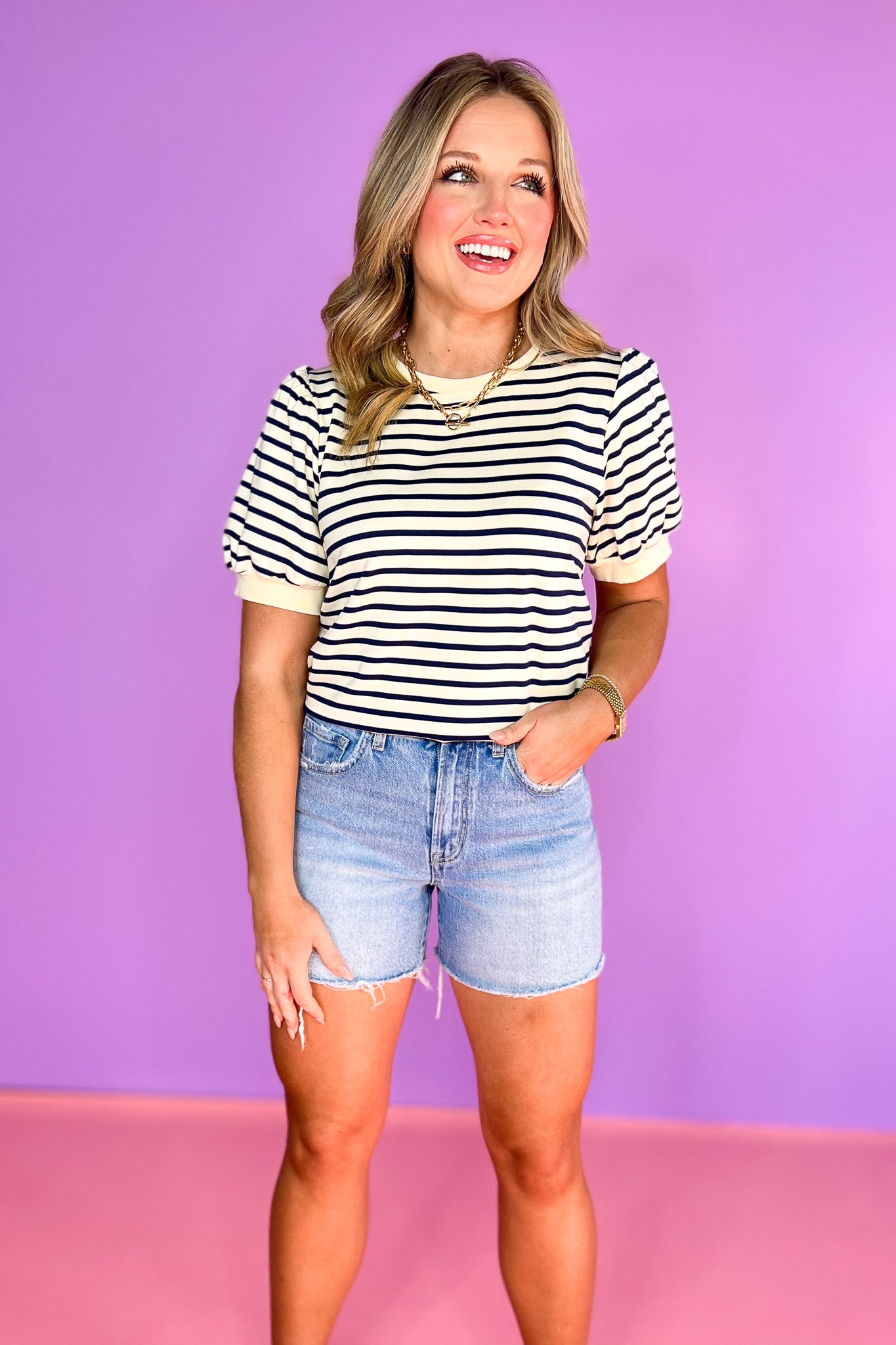 Black Striped Print Short Bubble Sleeve Top *FINAL SALE*
