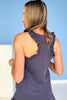 SSYS Ruffle Racerback Scuba Tank Top In Navy, scuba drop, easy to wear, ssys by mallory fitzsimmons
