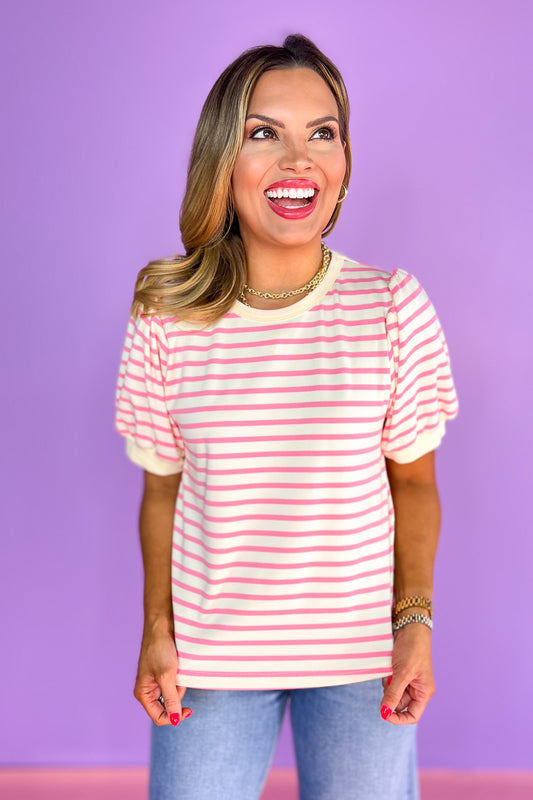 Pink Striped Print Short Bubble Sleeve Top, casual, everyday wear, comfortable, work top, church top, ssys by mallory fitzsimmons