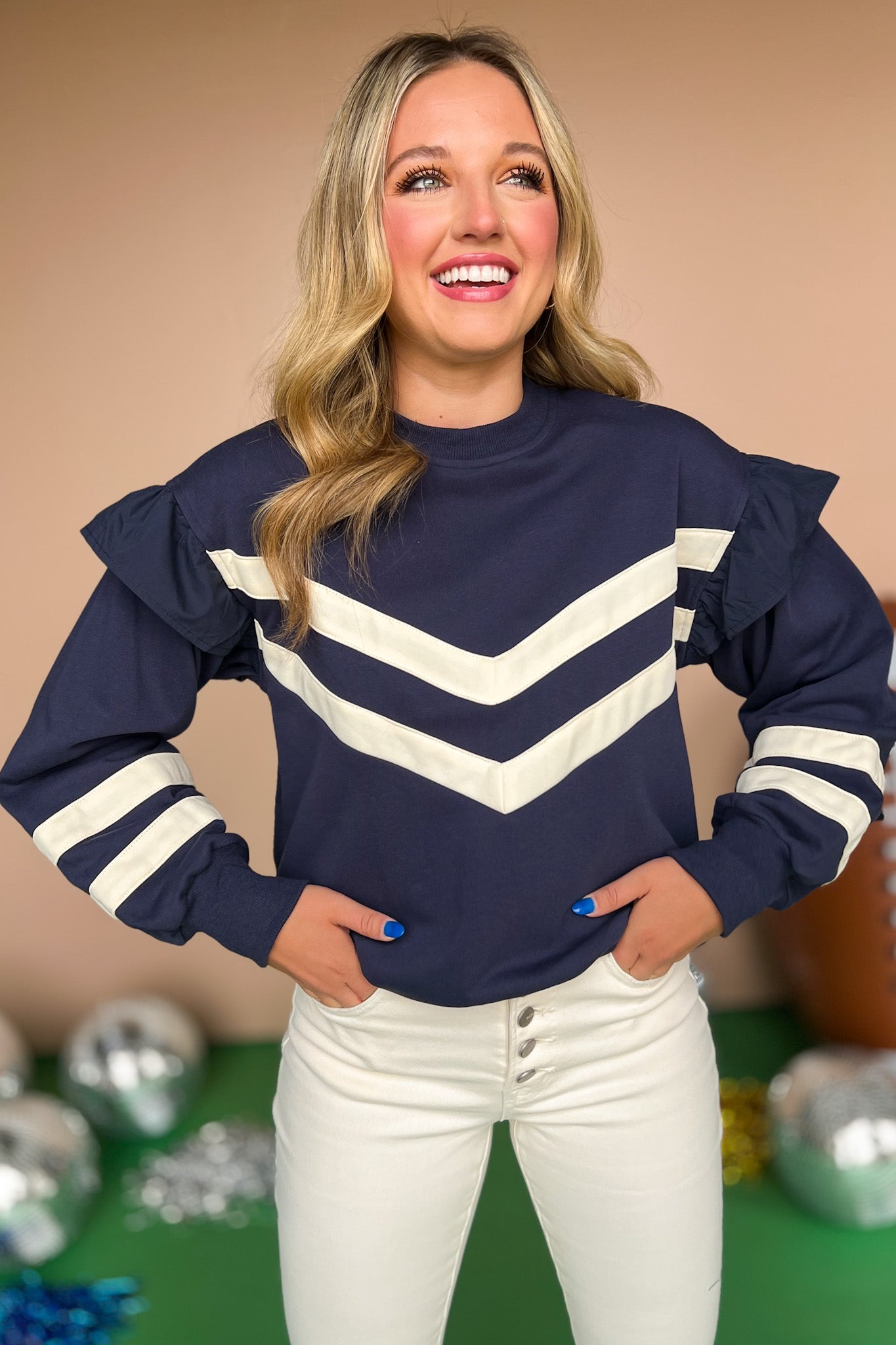 Navy Contrast Stripe Ruffle Detail Sweatshirt, gameday style, gameday top, must have top, must have style, fall style, fall fashion, elevated style, elevated top, mom style, shop style your senses by mallory fitzsimmons, ssys by mallory fitzsimmons