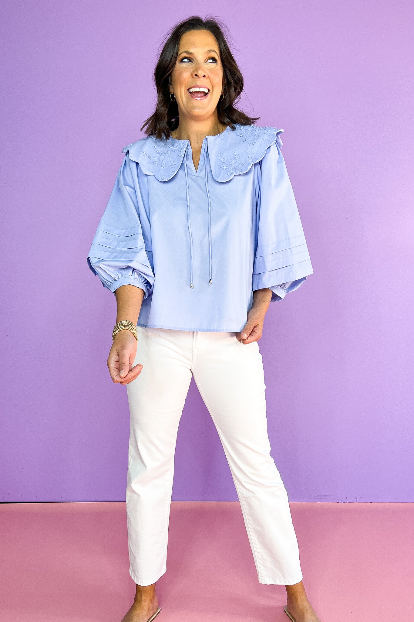Blue V Neck Scallop Oversized Collar Top, collar string details, lace details, floral design, work top, church top, sophisticated, elevated, ssys by mallory fitzsimmons