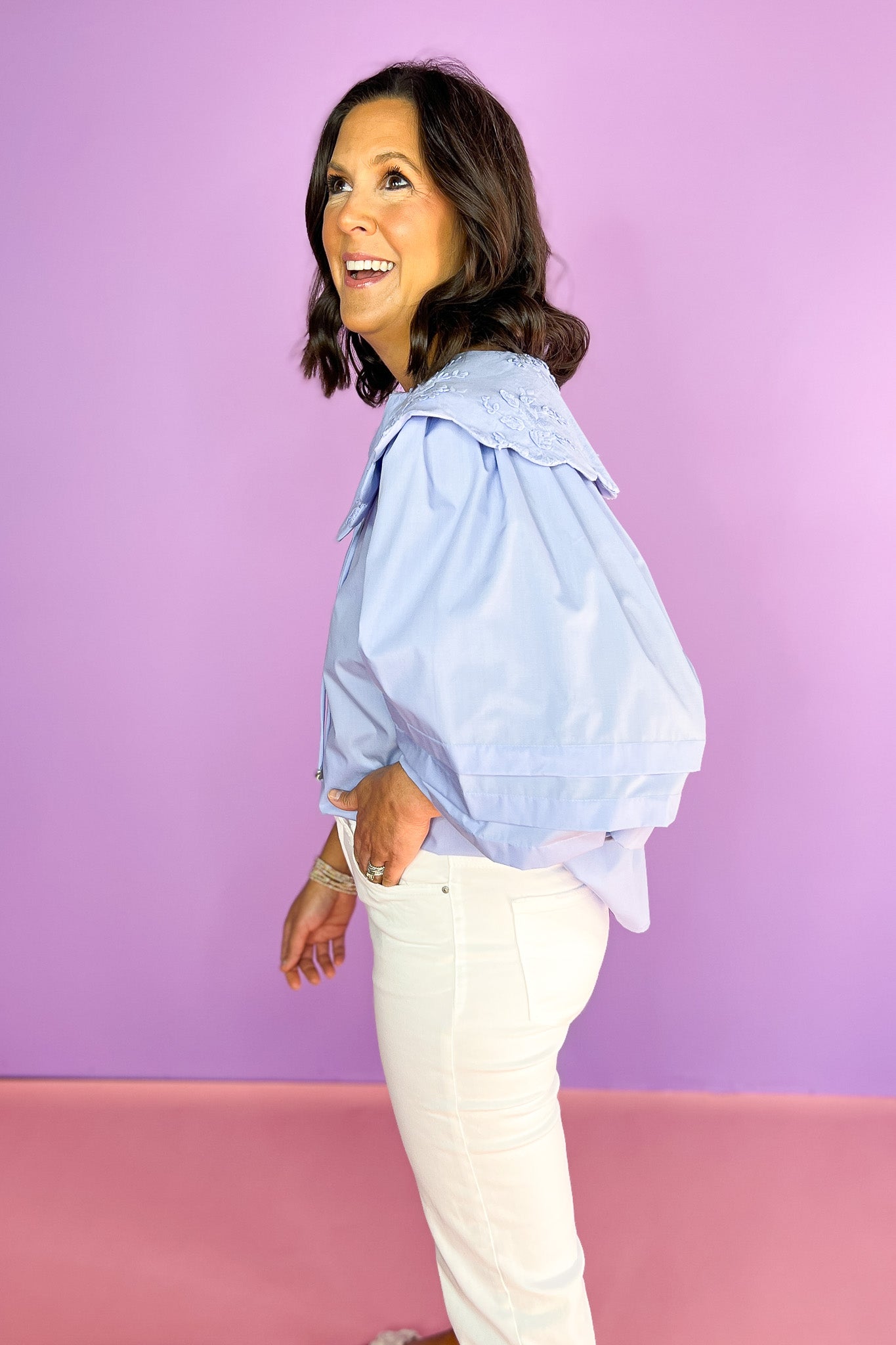 Blue V Neck Scallop Oversized Collar Top, collar string details, lace details, floral design, work top, church top, sophisticated, elevated, ssys by mallory fitzsimmons